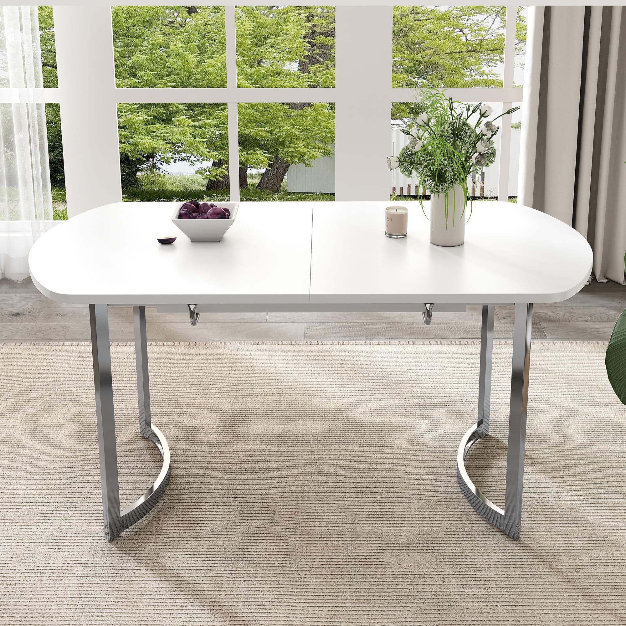 Soweiz Mesa de comedor extensible 140/180 x 80 cm, longitud extensible 180 cm, patas de metal plateadas, soporte de aleación de alta resistencia, adecuado para 4 – 6 personas, color blanco + plateado