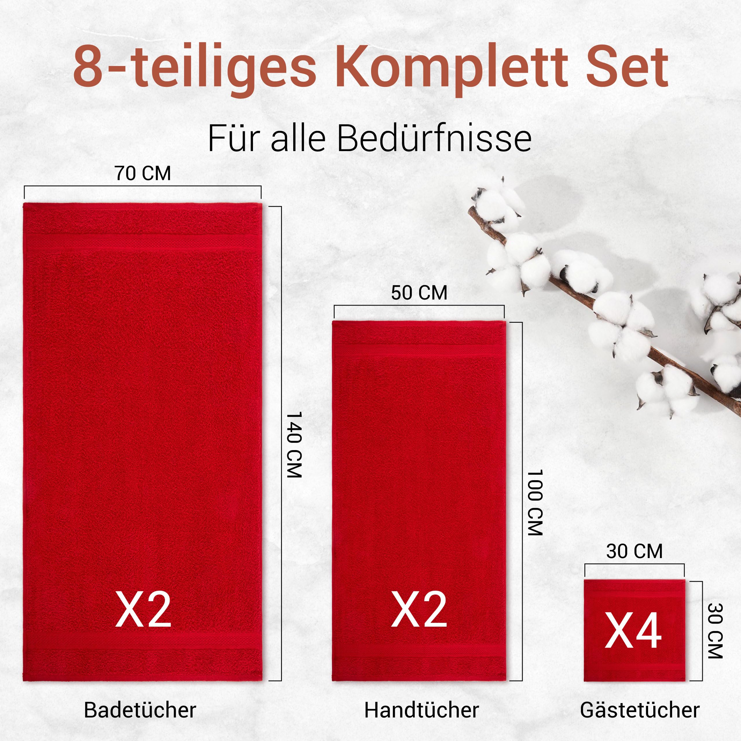 8-teiliges Handtuch Set 100% Baumwolle Oeko Tex 100 50x100cm Badetücher Waschlappen