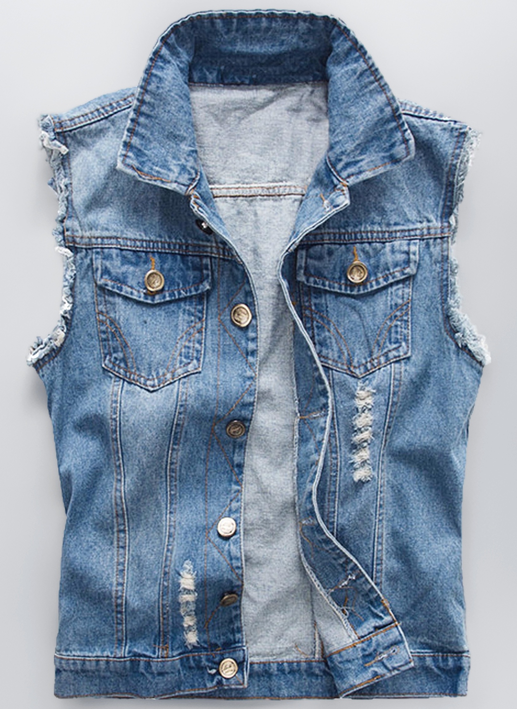 Mens Denim Gilet Ripped Vintage Casual Biker Vest Motorcycle Coat Cowboy Sleeveless Vest Jacket