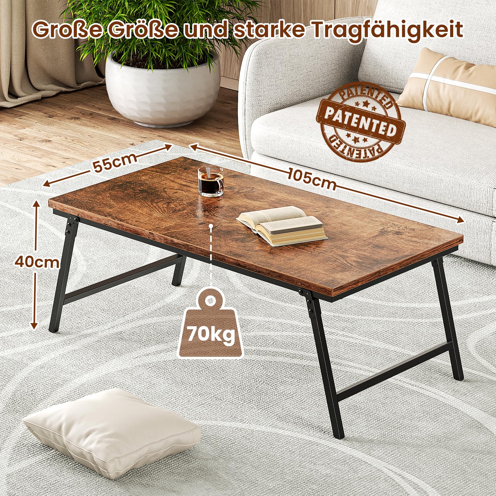 Couchtisch, Klappbarer Wohnzimmertisch, Tisch-Bein-Schnallendesign, Keine Montage erforderlich, Geeignet für Wohnzimmer, Schlafzimmer, Büro, Kaffeetisch aus Holz, 105 x 55 x 40 cm, Dunkelbraun