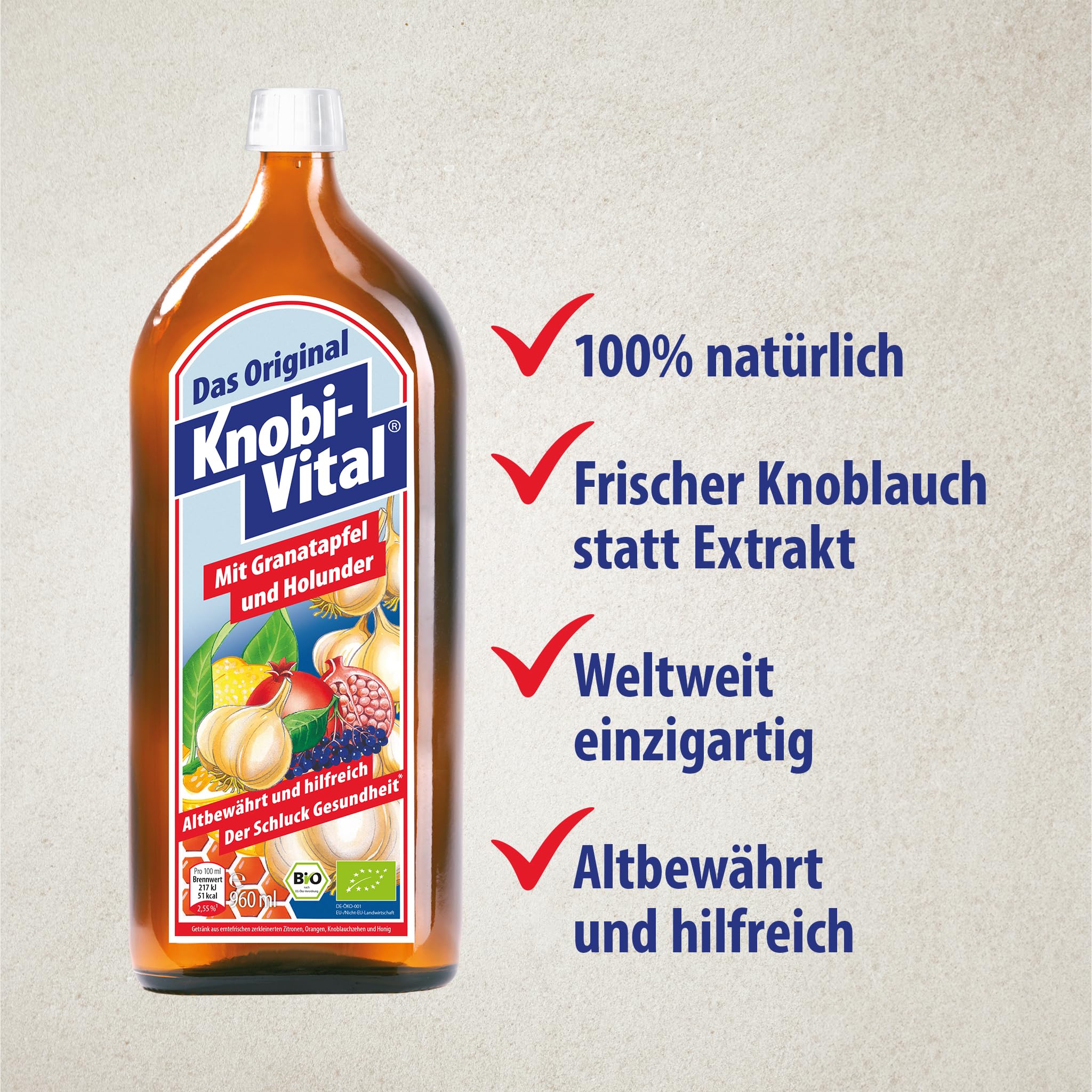 KnobiVital mit Granatapfel & Holunder Bio (960 ml) I Hochkonzentrierter Knoblauchsaft mit Thiamin für Energie, Nerven & Herz - Natürlich & ohne Zusätze