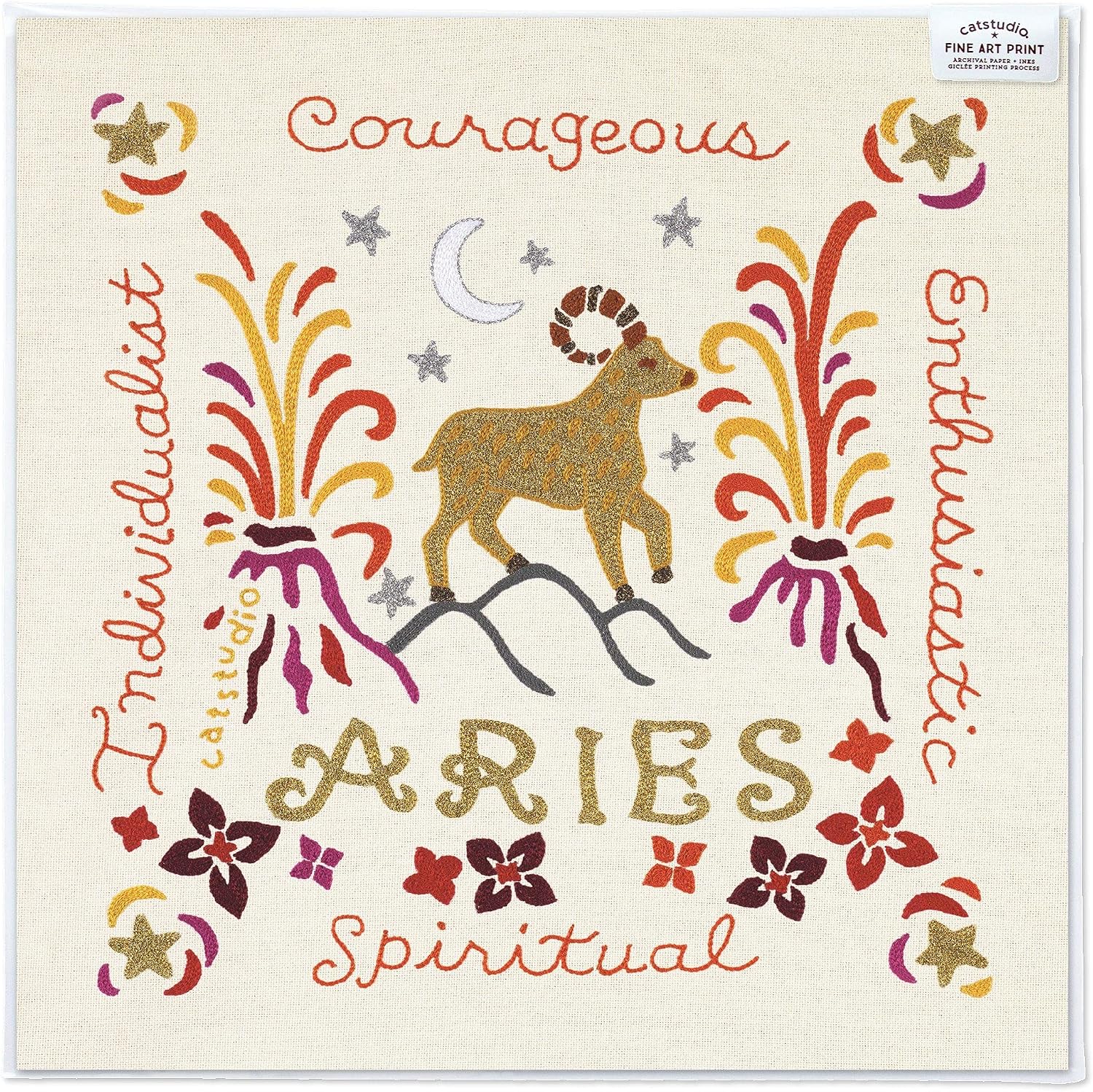 Catstudio Astrology Fine Art Print, Aries Wall Decor with Original Artwork, Zodiac Sign Art Decor Print, Aries Gifts, March Birthday Gifts, April Birthday, 8x8 Inches Unframed