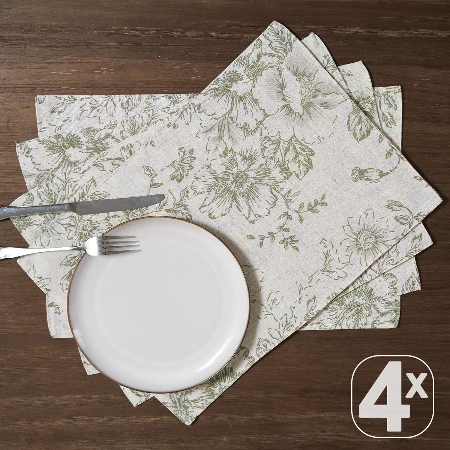 JINCHAN Floral Placemats Set of 4 Farmhouse Linen Placemats Cloth Table Mats Holiday Seasonal Rustic for Kitchen Dining Table Decor Heat Resistant Washable Tablemats 13x19 Inch Green
