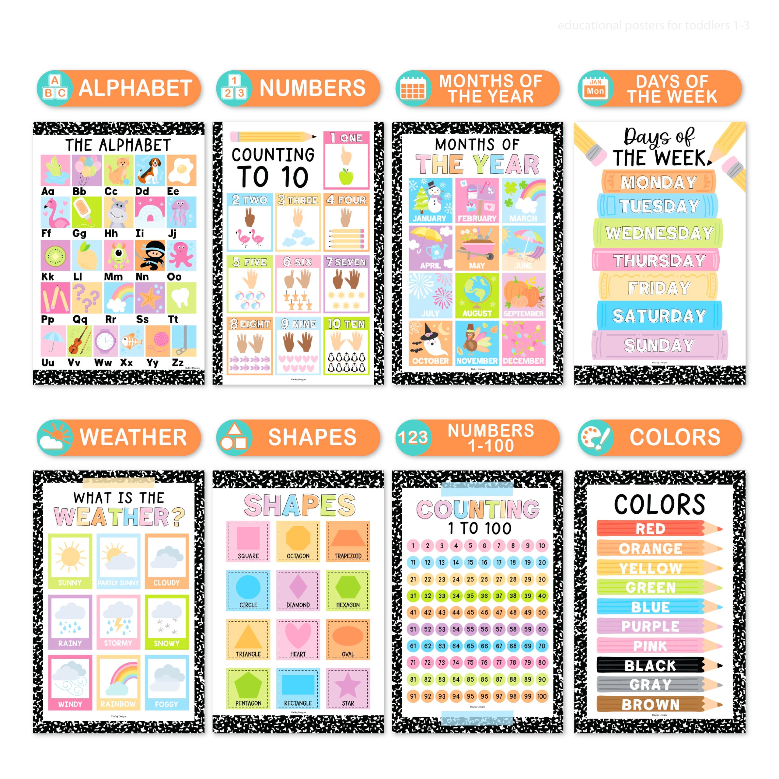 Hadley Designs: 16 affiches éducatives pour les tout-petits de 1 à 3 ans – Affiches éducatives pour enfants de 3 à 5 ans, tableau de l'alphabet pour salle de jeux, cours à domicile, crèches et