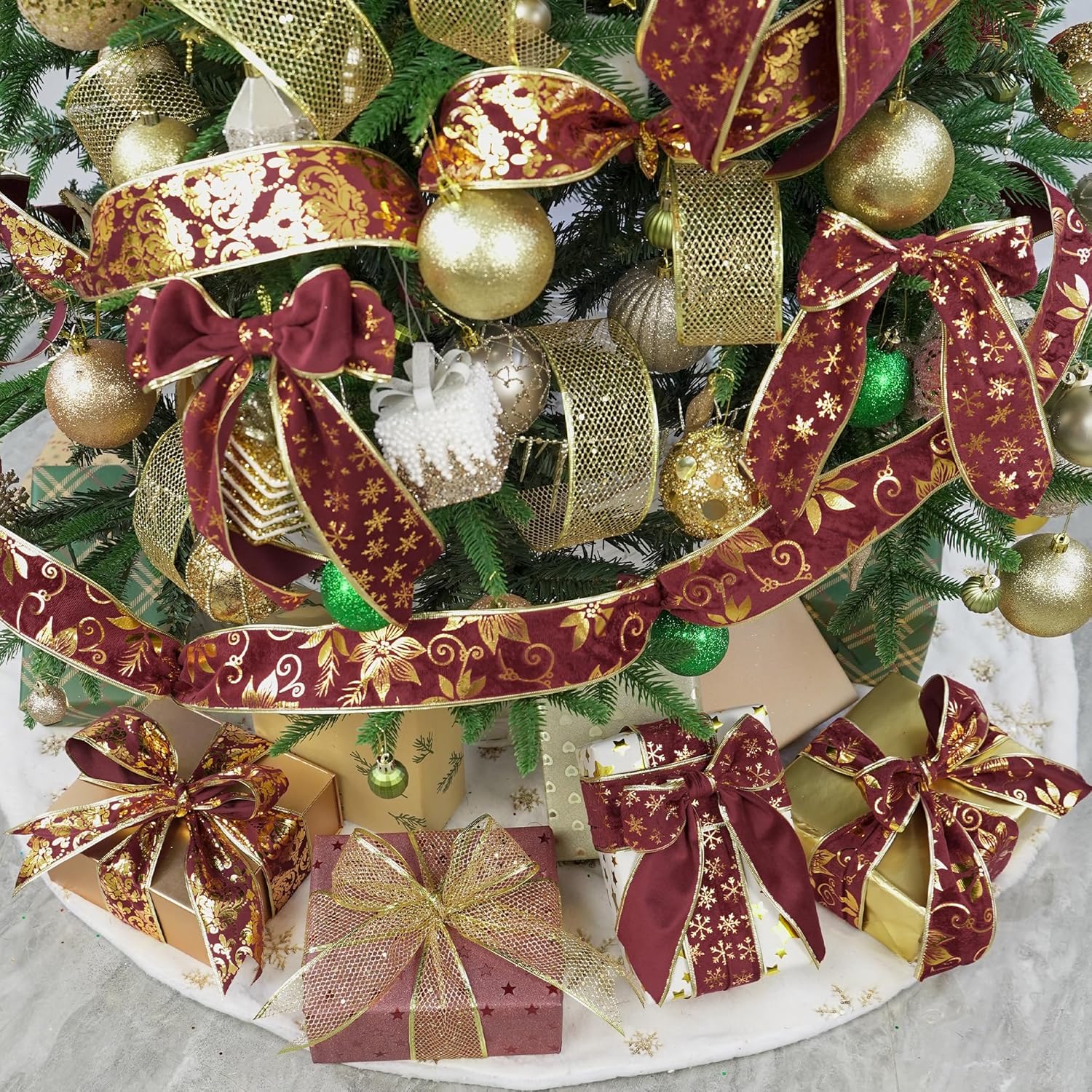 AIMUDI Burgundy Christmas Velvet Ribbon 2.5" Burgundy and Gold Wired Ribbon for Christmas Trees Wreaths Gift Wrapping Garlands Crafts Topper Bow - 6 Rolls 36 Yards