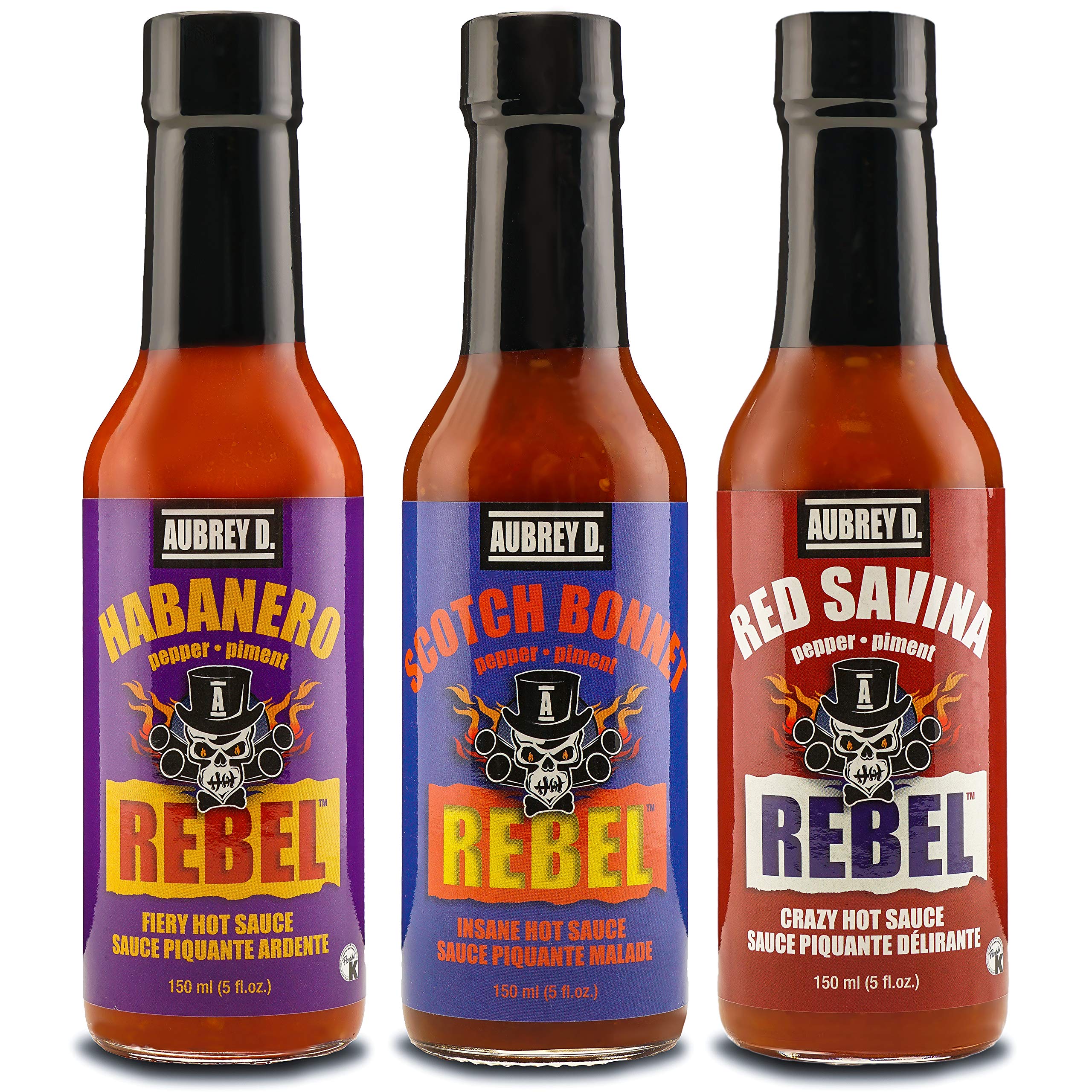 Aubrey D.Blazing Hot Sauce Set Of 3, Red Savina Pepper, Habanero Pepper & Scotch Bonnet Pepper, Hot Sauce Lovers Set of 3 Bottles 5 oz Each
