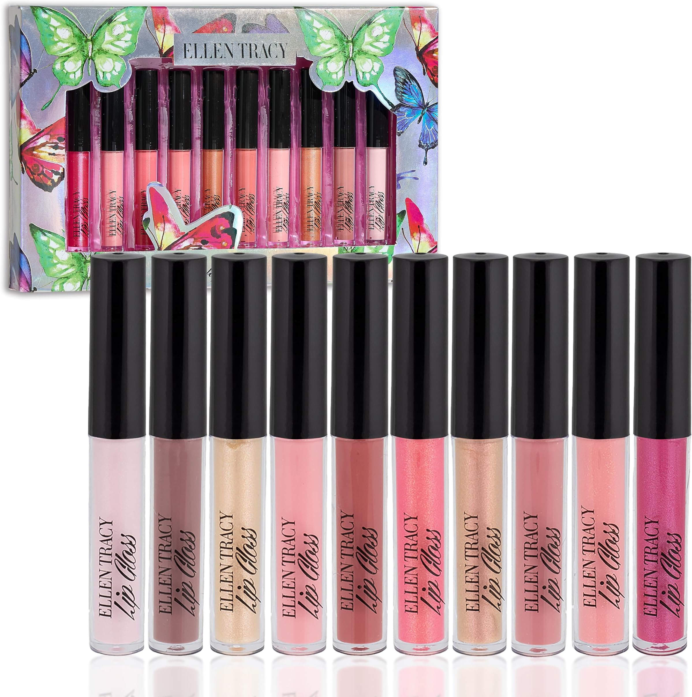 Enchante Ellen Tracy 10 Pc Lip Gloss Collection, Shimmery Lip Glosses for Women and Girls, Long Lasting Lip Gloss Set with Rich Varied Colors, Great Holiday and Birthday Gift