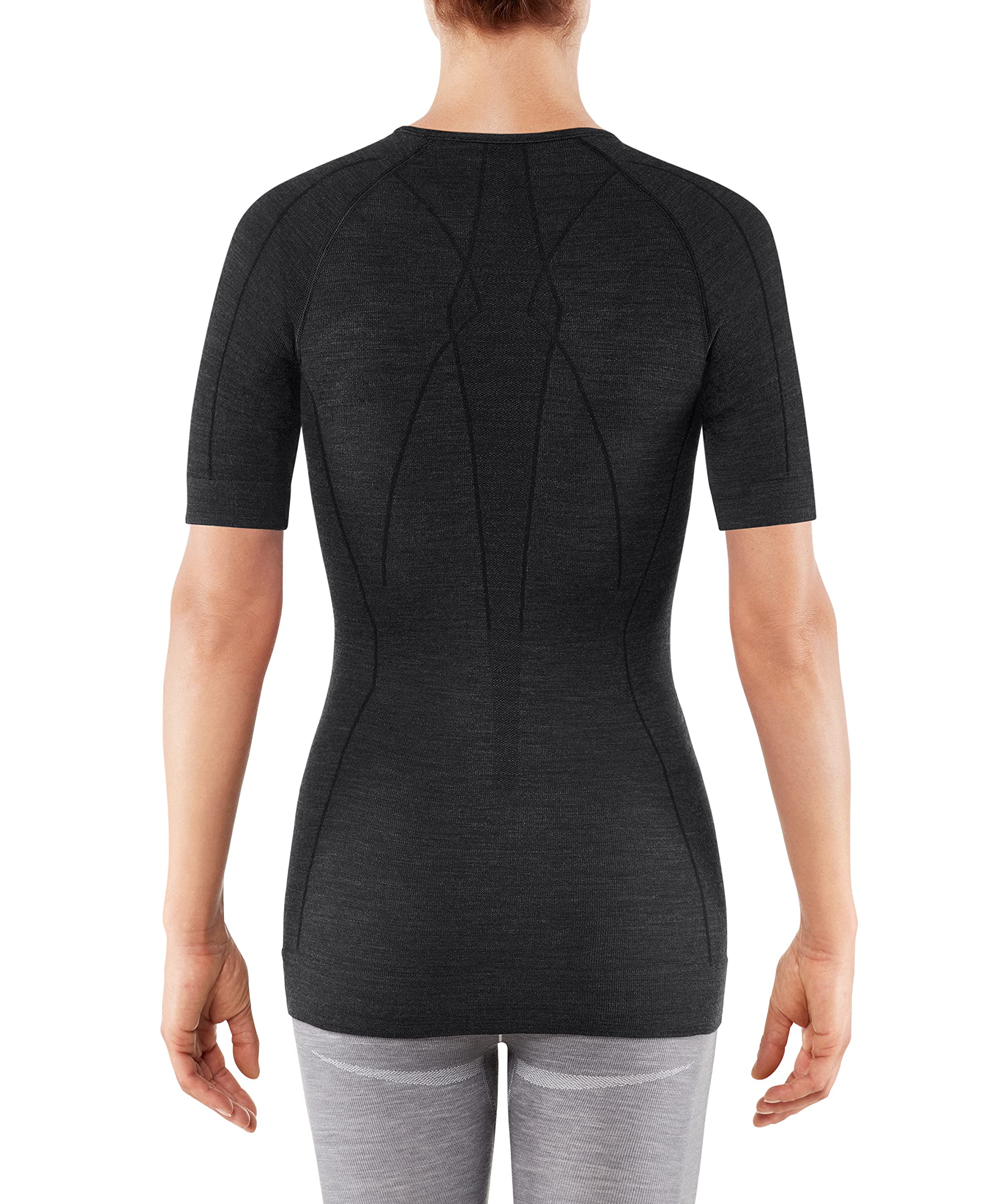 FALKE Damen Wool Tech. Funktionsshirt Kurzarmshirt Wolle Schwarz Grau Atmungsaktive Unterwäsche zum Sport sehr warm schnelltrocknend für kalte bis sehr kalte Temperaturen 1 Stück