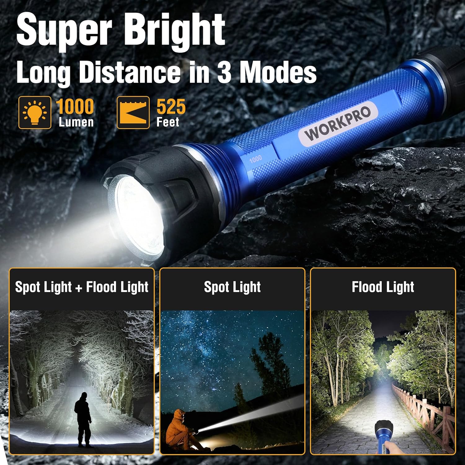 WORKPRO Rechargeable LED Flashlight, High Lumens IPX7 Waterproof Heavy-Duty Flash Light, 3 Mode Super Bright Handheld Aluminum Flashlight for Home, Camping, Hiking, Emergency