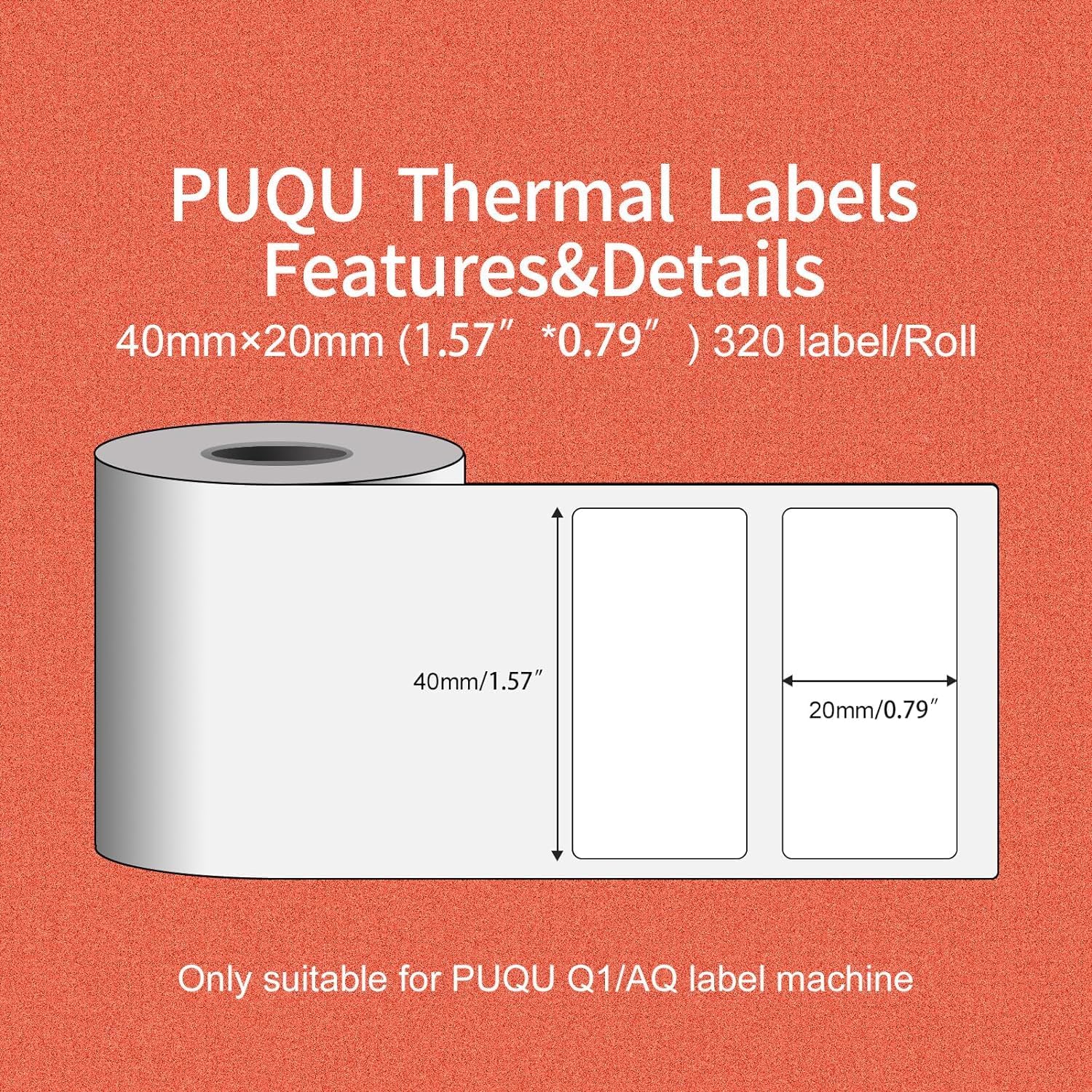 PUQU 40x20mm Direct Thermal Sticker Labels, Self-Adhesive All-Purpose Label Maker Tape, Compatible with AQ/Q1 Series Label Printer, Refills Standard Laminated Office Labeling, 6 Rolls