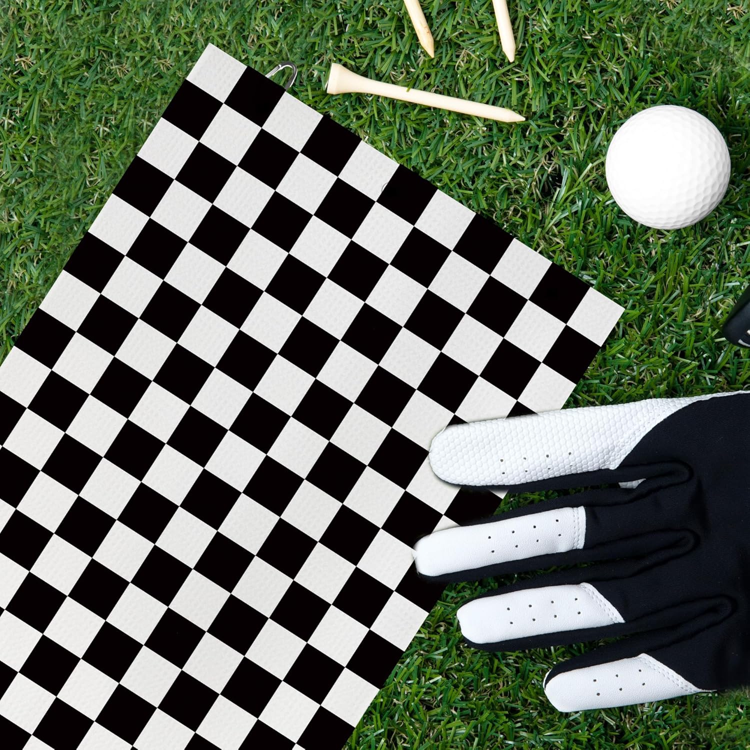 Black and White Checkered Golf Towel - Trenndy Modern Sports Club Golf Bag Accessories Towel, Pink Disc Weave Waffle & Ball Towels with Carabiner Clip Gifts for Golfer Women Men, 16"x24" - Image 4