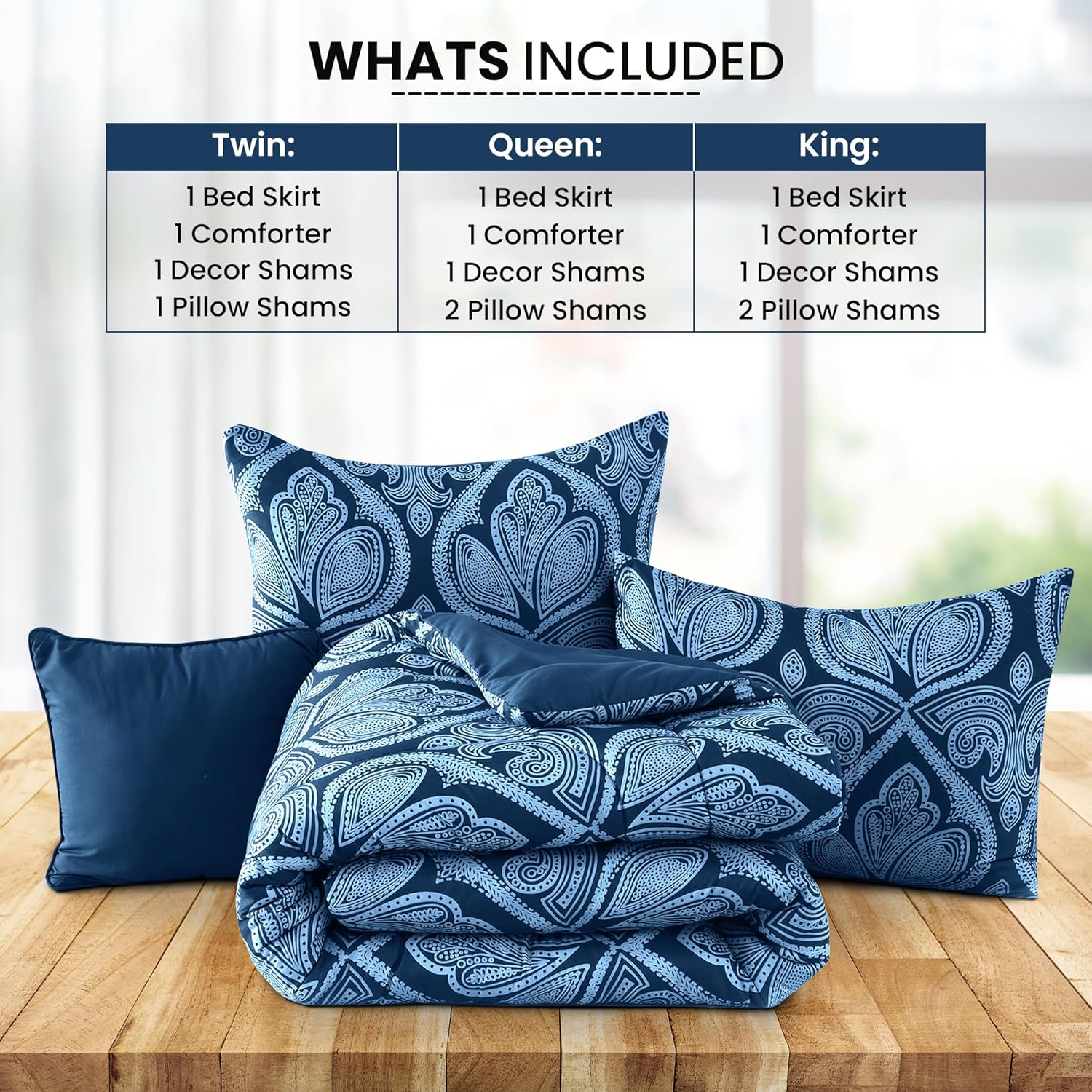 LUX Décor Reversible 4pc Twin Comforter Set, Printed Bedding Set, All-in-One Bed in a Bag, Includes 1 Comforter, 1 Pillow Sham, 1 Decor Pillow & 1 Bed Skirt (Paisley Navy,Twin)