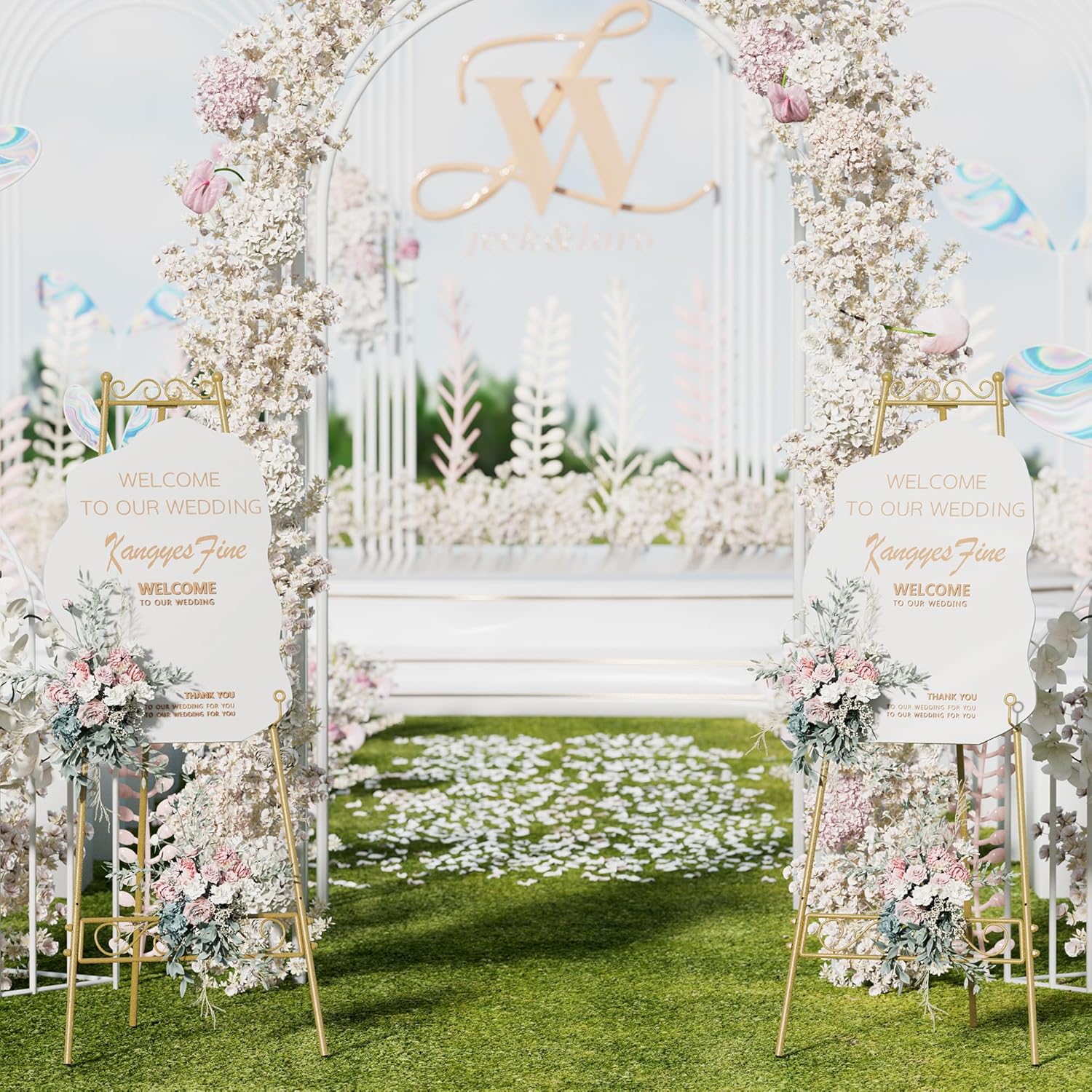 54" Gold Easel Stand for Sign, 3-Tier Adjustable Metal Display Stand for Art with Chain, Heavy Duty Display Easel for Wedding, Painting, Party, Poster, Welcome Sign