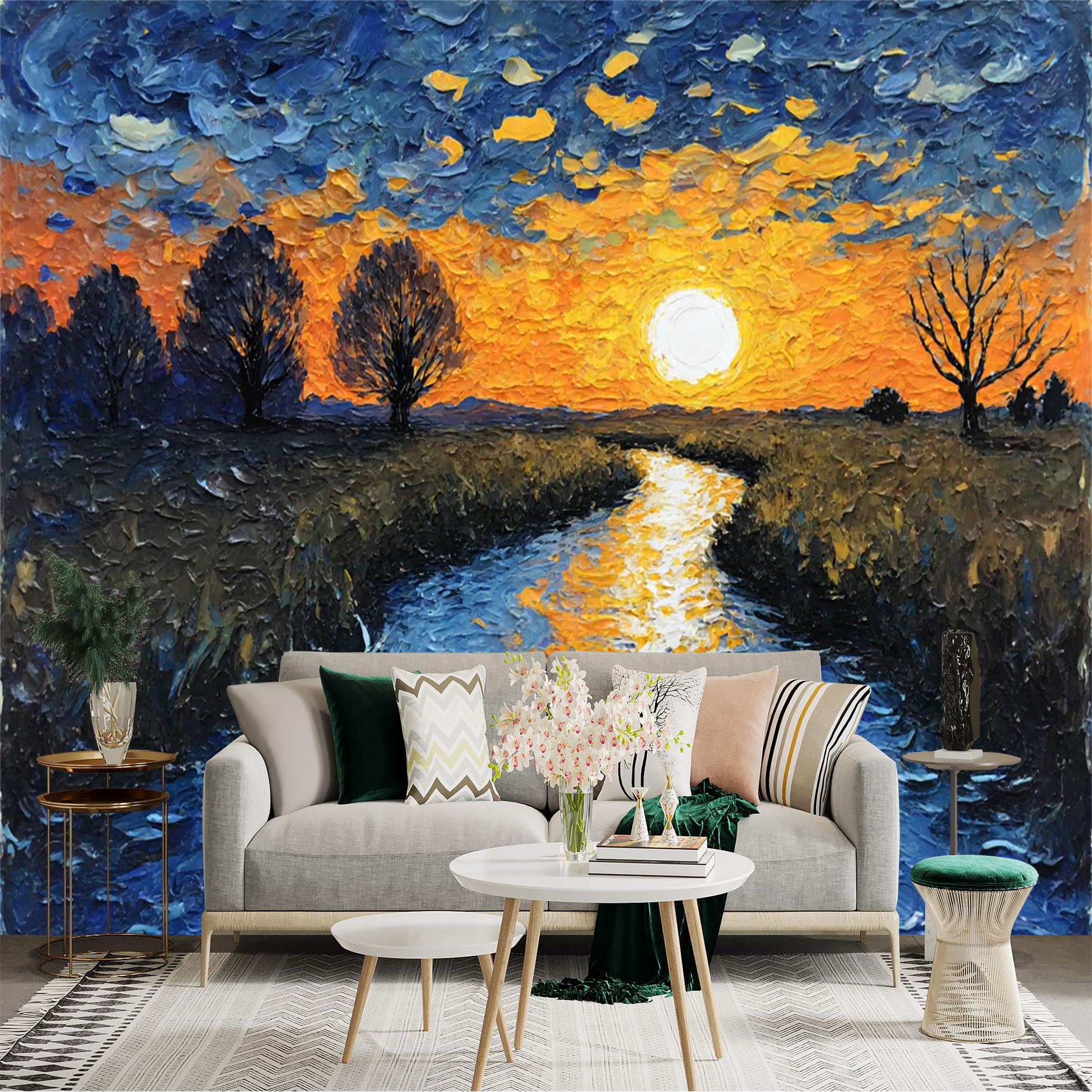 Custom Size Wall Sticker Mural， Sunset River with Trees and Colorful Sky Oil Painting Style， for wall Decoration， peelandstick wall Decals.