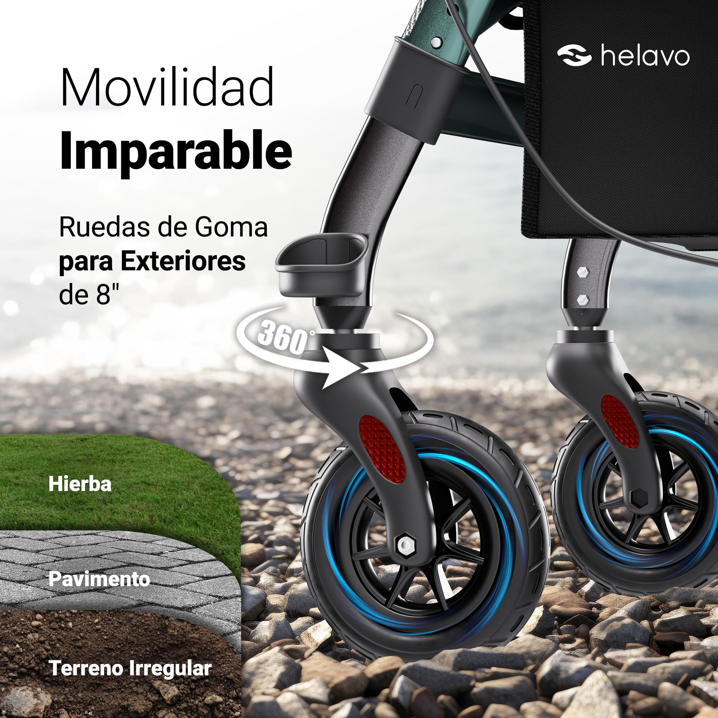 Andador antibraquial bariátrico Helavo con ruedas 8 pulgadas, antipinchazos, asiento ancho plegable, rodillo extra grande y apoyo antebrazos, carga 226