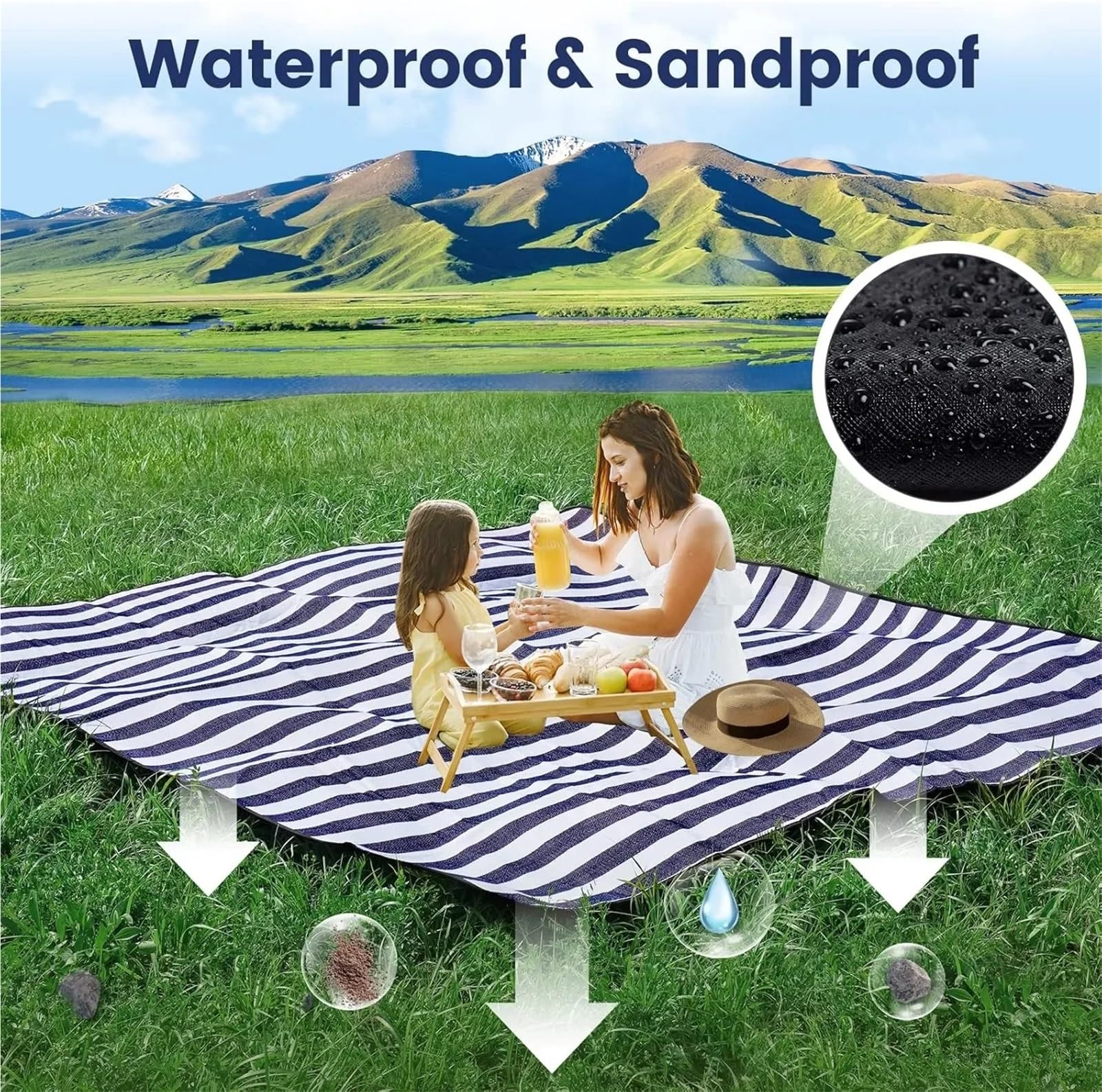 Telo Picnic Coperta Da Picnic Impermeabile E Pieghevole Extra Large, Spiaggia A 3 Strati For Campeggio, Parco, Interni(Blue White Grids,200X200cm(80 x80in))