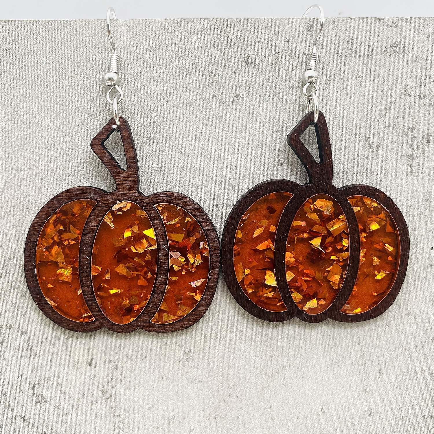 Pumpkin Earrings for Women Pumpkin Wooden Dangle Earrings Glitter Pumpkin Drop Earrings Fall Earrings Thanksgiving Halloween Holiday Jewelry for Women - Image 5