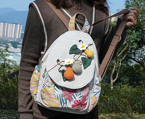 Vista 177 de HUANGGUOSHU Mujer de algodón tejido bohemio cáñamo Boho lona bordado múltiples bolsillos retro linda mochila cartera mochila mochila gato caprichoso