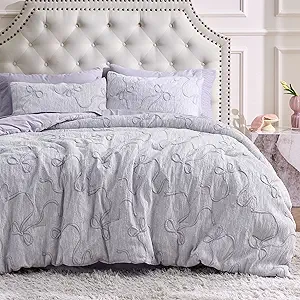 Bedsure Full Size Comforter Set, Light Purple Boho Tufted Bed Set, 3D Puffy Jacquard Bedding Full Size, 3 Pieces, 1 Farmhouse Shabby Chic Embroidery Comforter with Bow Pattern & 2 Pillow Cases