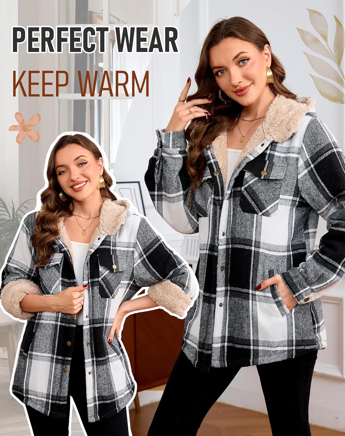 Elesuit Women's Fleece Flannel Jacket Plaid Sherpa Lined Jacket Long Sleeve Button Down Hooded Jackets for Women - Image 5