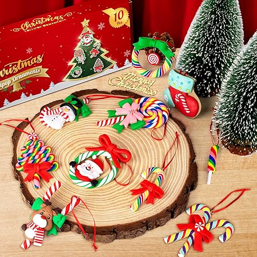 Miniatura 6 de 10 piezas de adornos de piruleta navideña, adornos de caramelo de arcilla polimérica navideña, adorno colgante de caramelo navideño colorido para