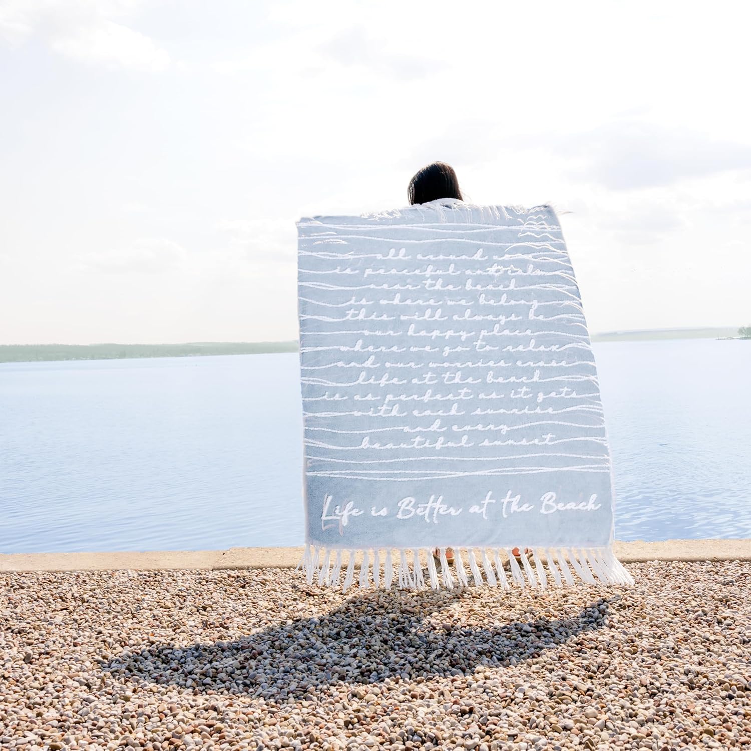 Pavilion Gift Company - Life is Better at The Beach - 50 x 60-Inch Luxury Sherpa Tassel Raised Text Throw Blanket, Nautical Décor, Seascape Décor, Soft & Cozy Blankets, 1 Count, Blue