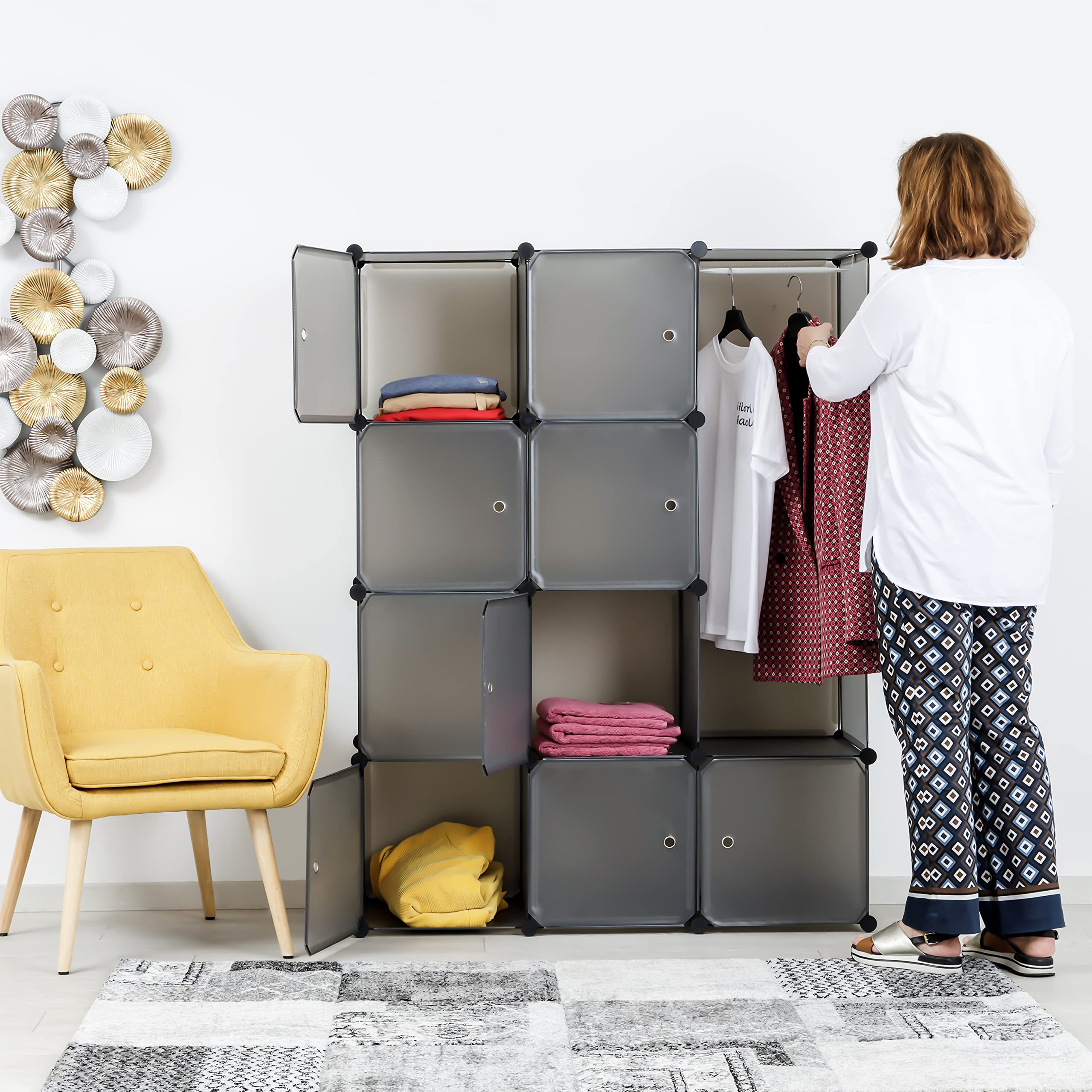 Baroni Home Armadio Componibile Salva Spazio, 12 Scomparti, Mobile Scomparti Impilabili, Organizzatori in Plastica per Camera da Letto, Cabina Armadio, Ingresso, Grigio Opaco, 111x37x147 cm