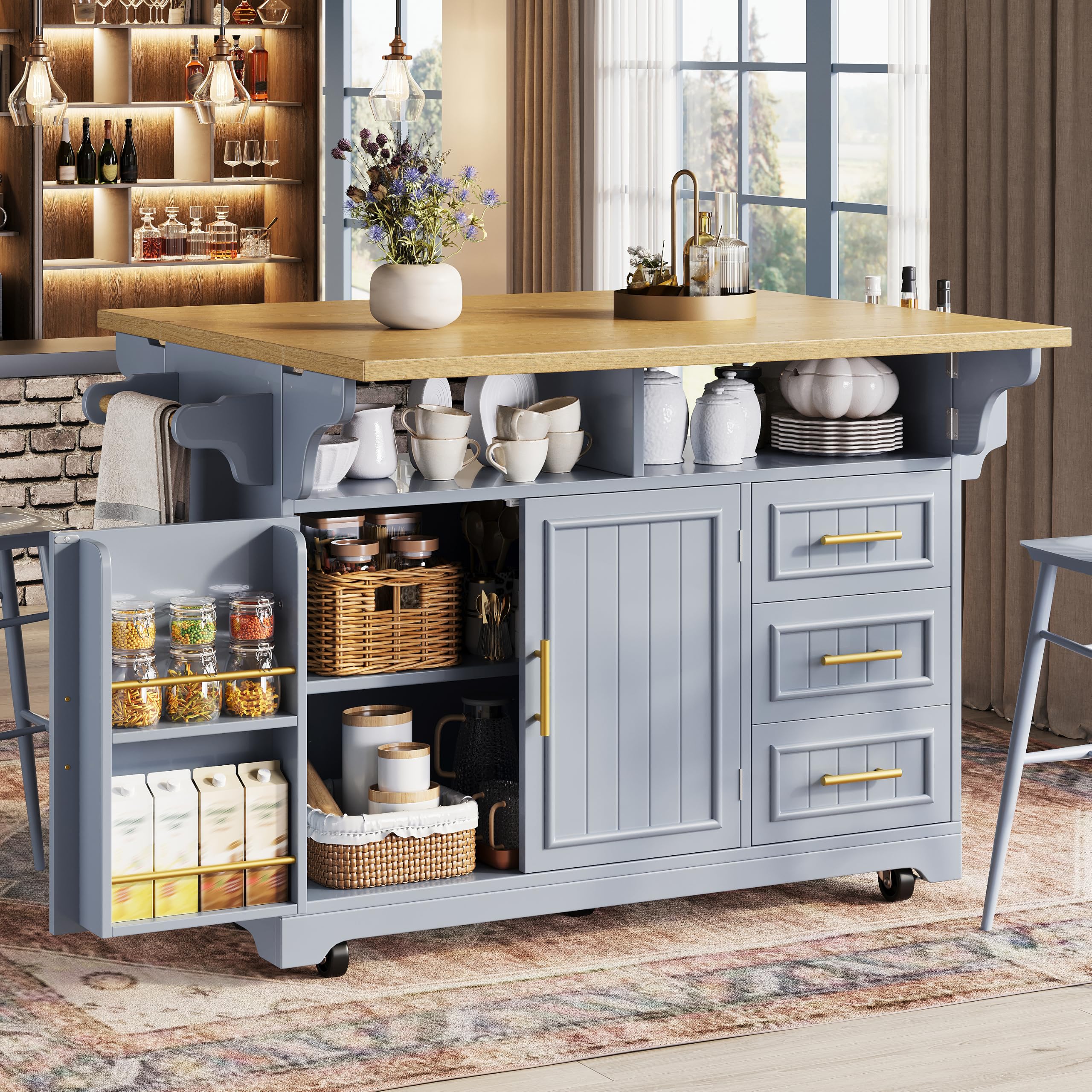 Isola da cucina multifunzionale, credenza da cucina su ruote, espansione tavolo da pranzo posizionabile liberamente, ante con motivo verticale, vano portaoggetti con cassetti, blu