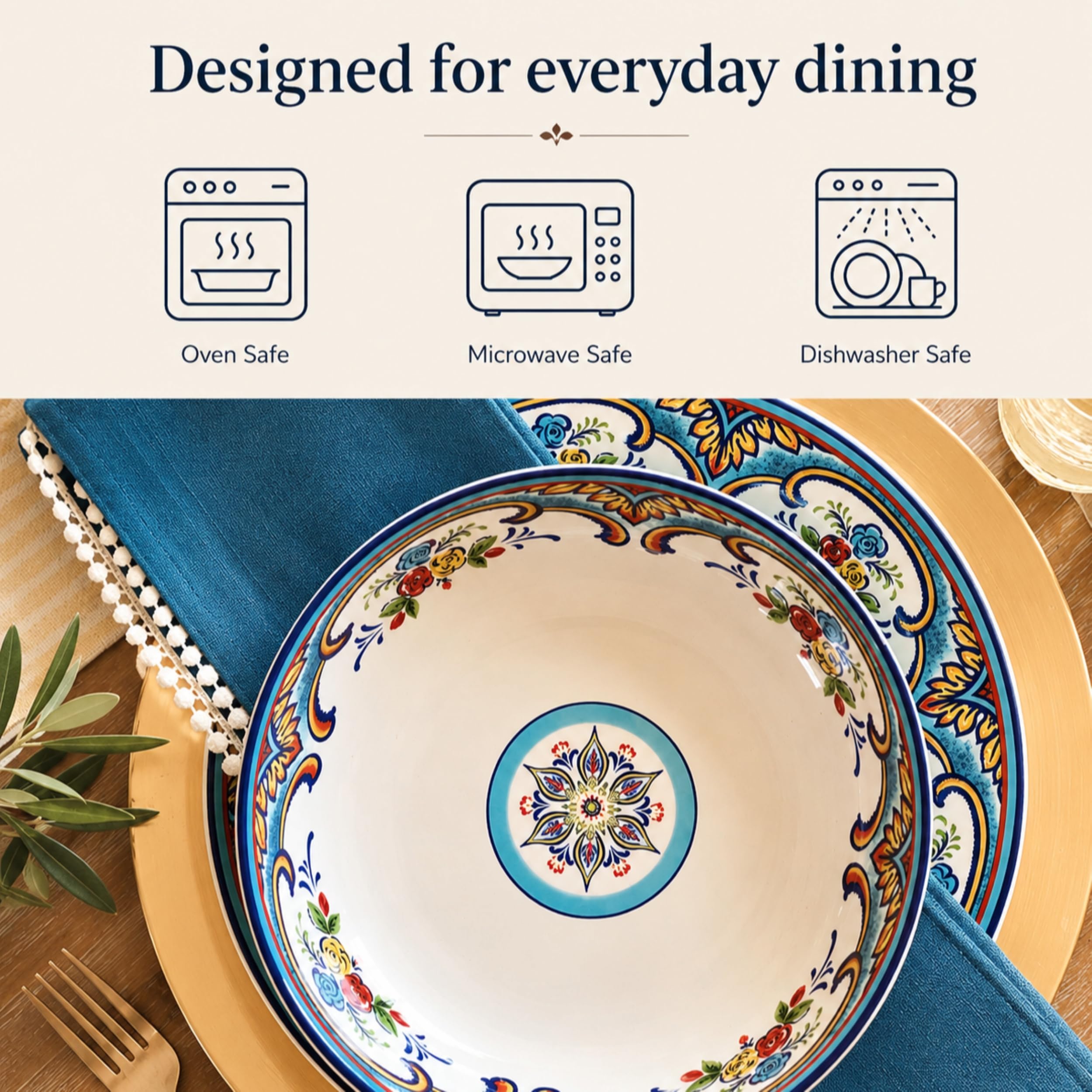 Euro Ceramica Zanzibar Collection miski do makaronu, zestaw 4 sztuk, hiszpański kwiatowy wzór, wielokolorowe niebieskie
