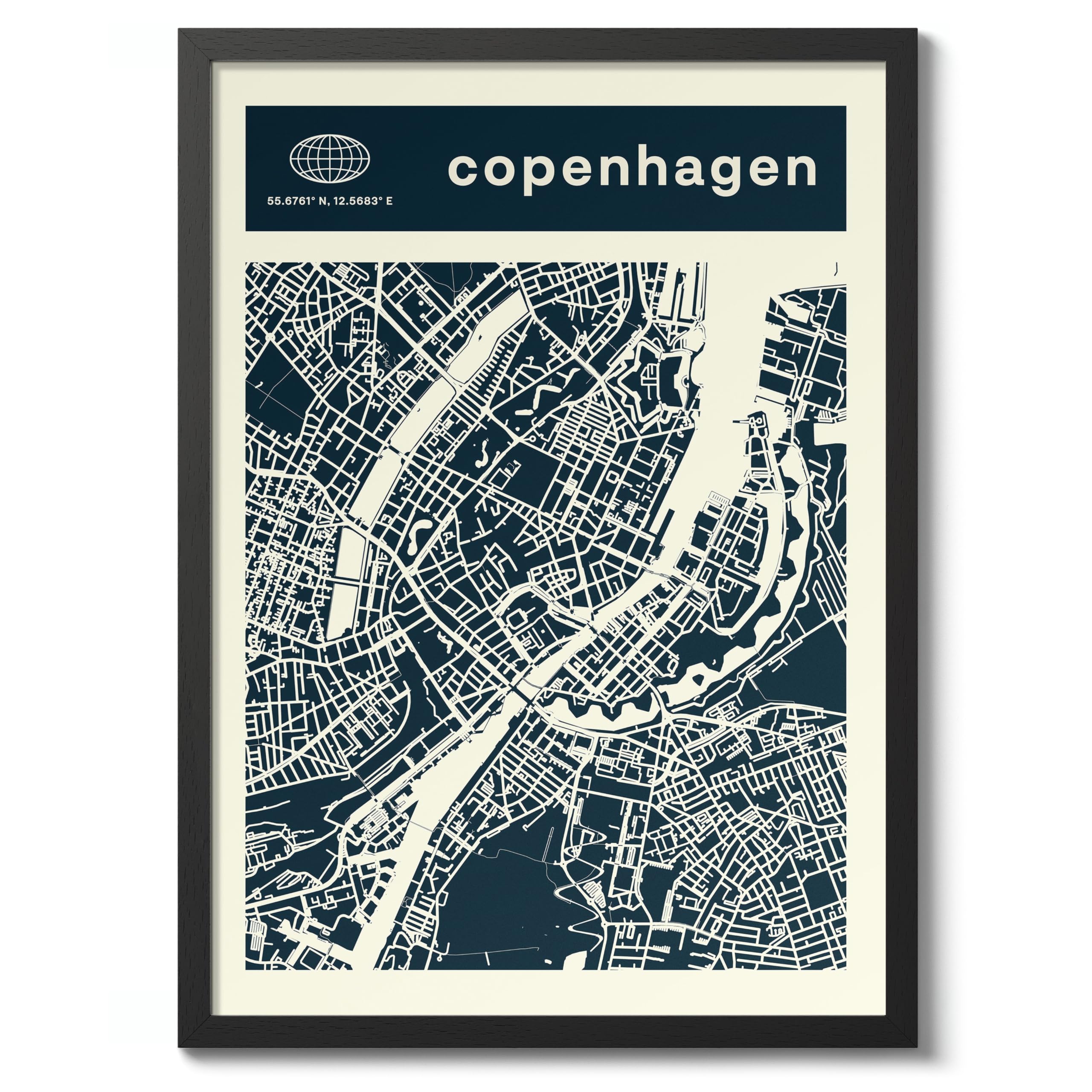 Copenhagen Minimalist City Maps Poster, City Coordinates Print, Landmark Apartment Home Decor, A2 (Black Frame) - 62.5x45.1cm
