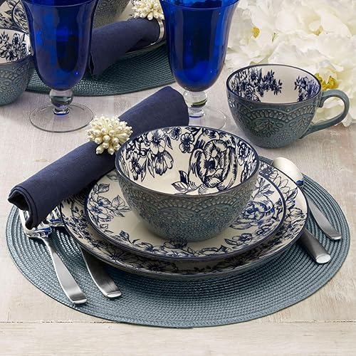 Miniatura 5 de Pfaltzgraff Gabriela Blue - Juego de vajilla de 16 piezas, servicio para 4, platos, tazones y tazas de gres duradero con elegante patrón azul, apto