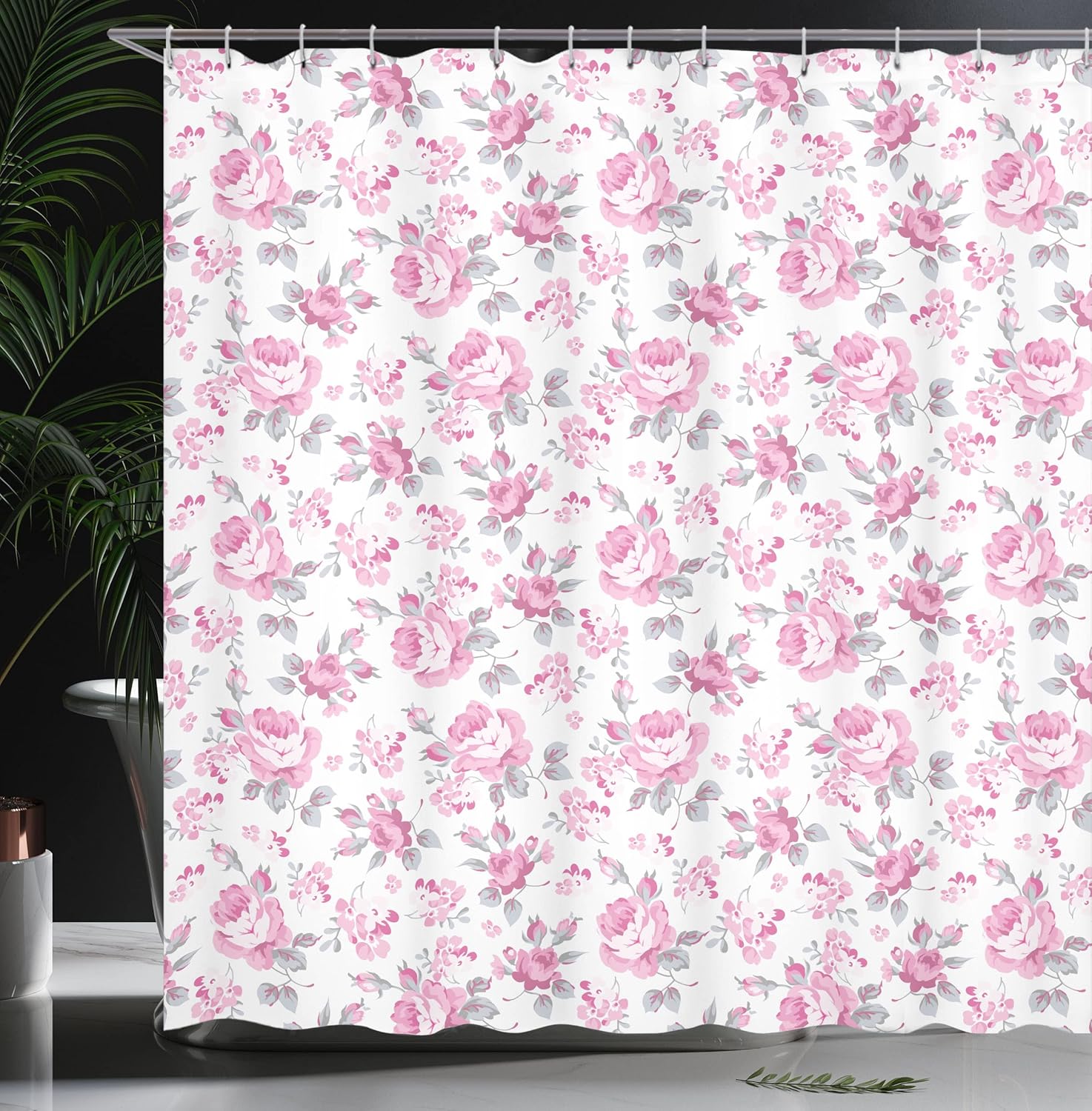 Ambesonne Shabby Flora Shower Curtain, Pink Roses with Grey Leaves Garden Bedding with Plants and Spring Blossoms Work of an Art, Cloth Fabric Bathroom Decor Set with Hooks, 69" W x 84" L, Light Pink