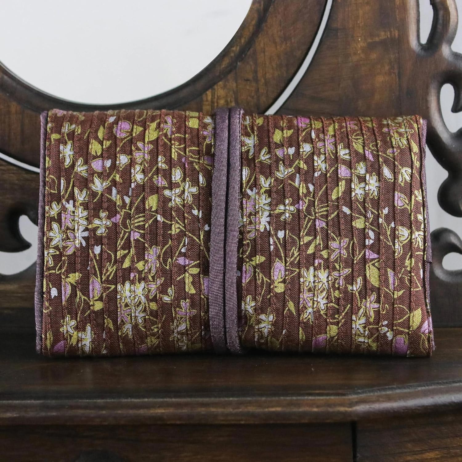 NOVICA Floral Silk Jewelry Roll, Brown, 'Fashion Garden'