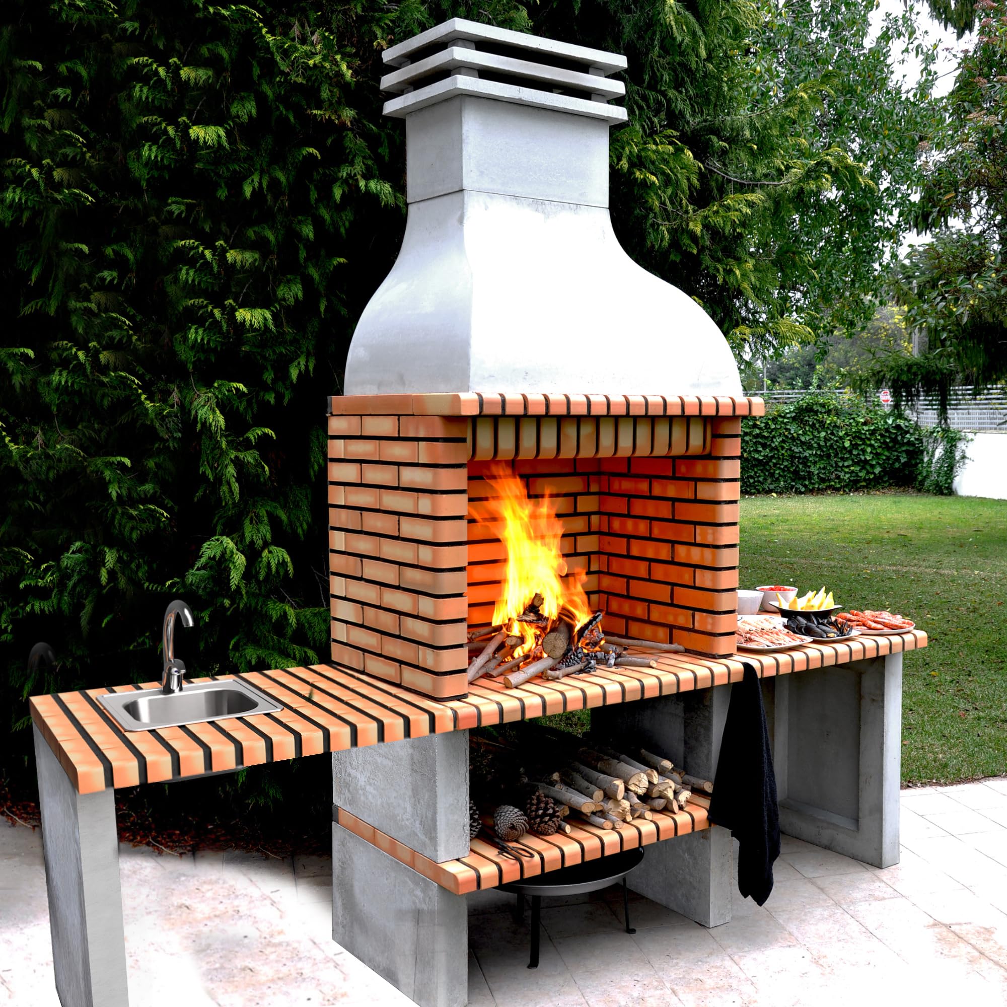 MAESTRO FERRETERO MOVELAR – Barbecue a legna prefabbricata e carbone modello Altea (grigio, arancione – 268 x 70 x 255 cm) Ref: M00042 – Cucina da esterno con lavabo per giardino e terrazza