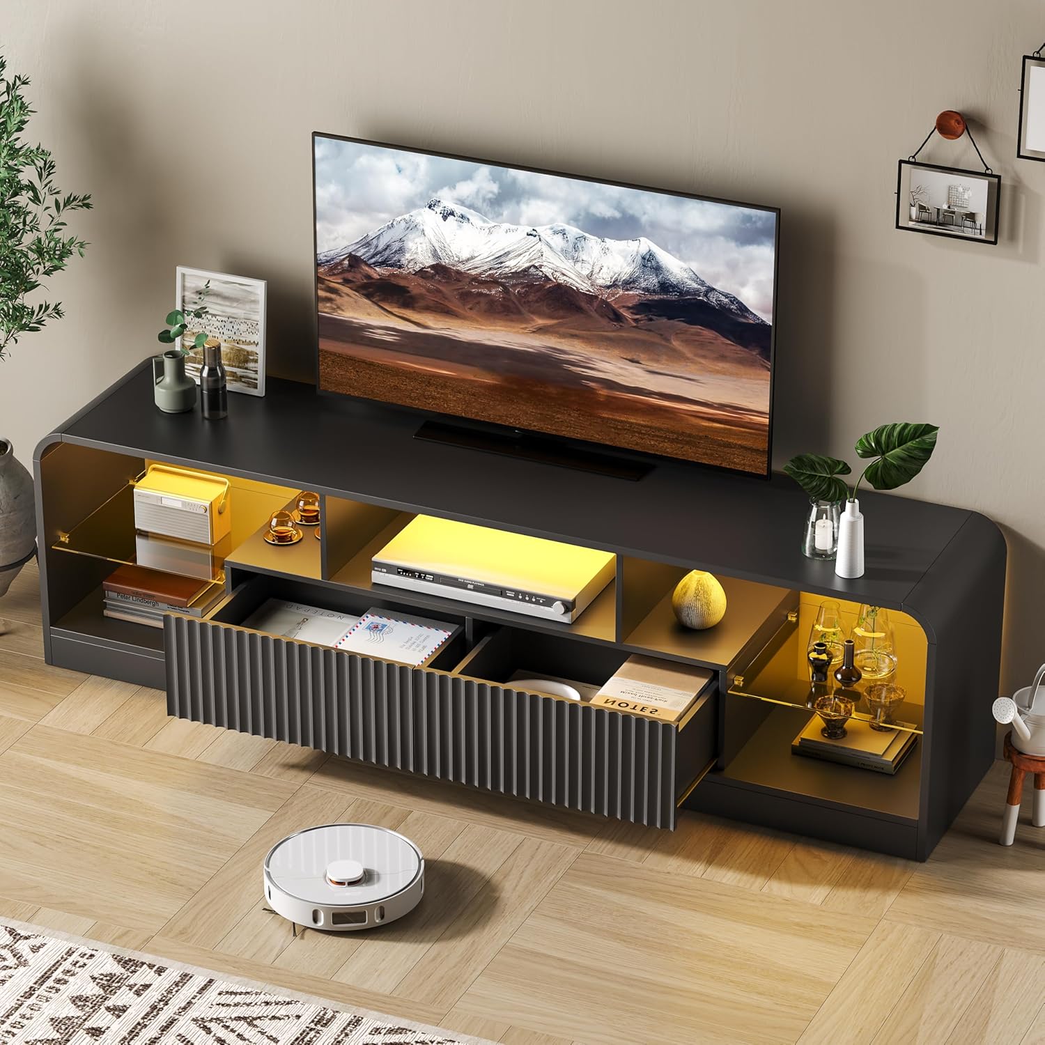 TV Stand for 60/65/70 Inch TVs, Modern Curved TV Console with LED Lights, 2 Drawers & Glass Shelves, Living Room Entertainment Center