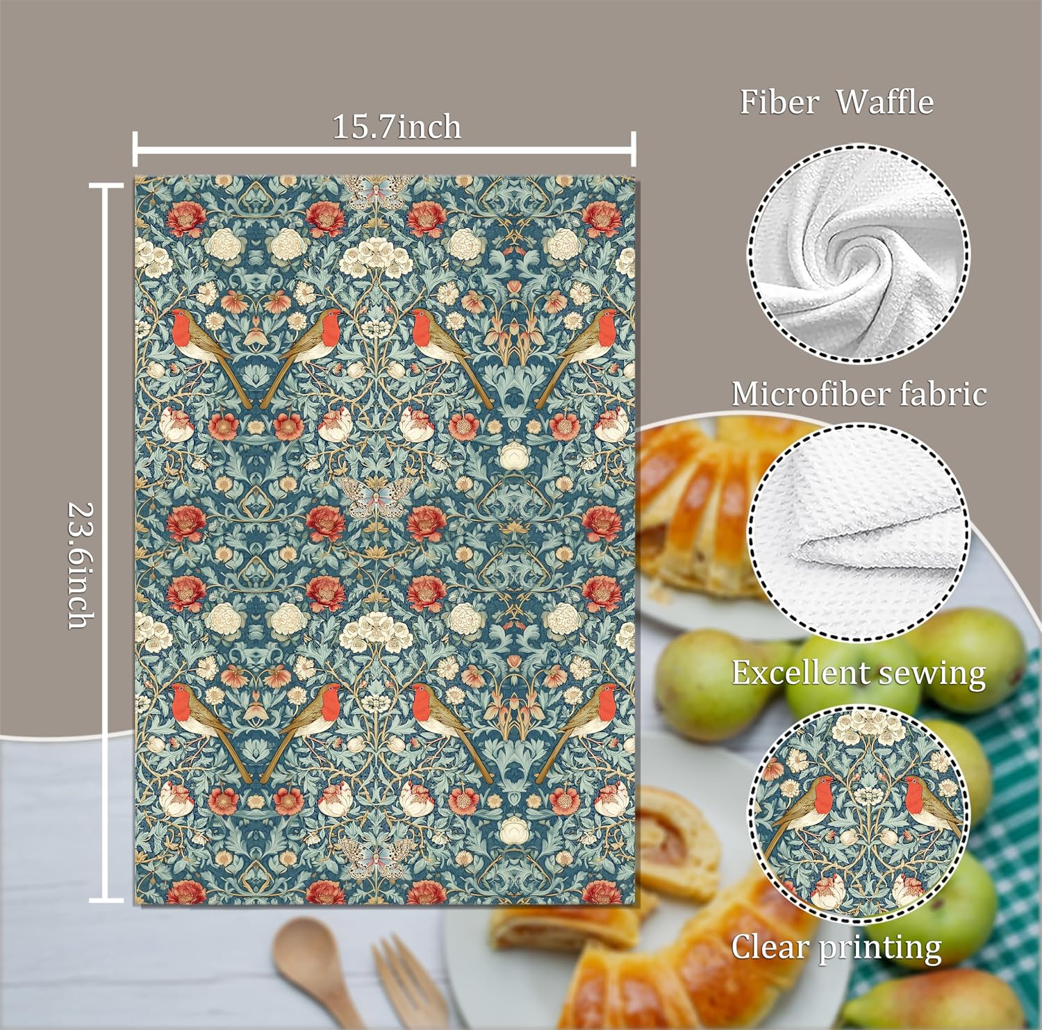 Robin Bird Floral Kitchen Towels,William Morris Vintage Botanical Four Seasons Hand Towels Decorative Hand Tea Towel for Bathroom Baking Cooking Cleaning Holiday Party Supplies 16x24 Inch image 2