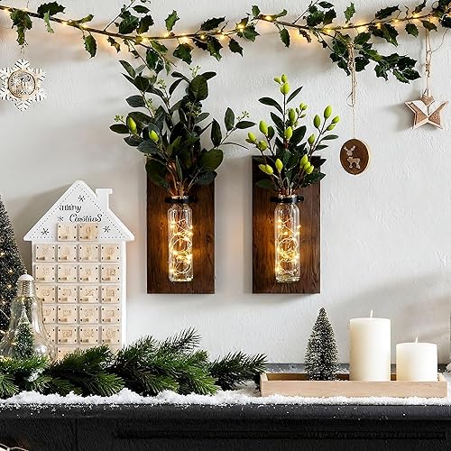 Vista 9 de Paquete de 2 Maceteros de Pared para Plantas de Interior, Decoración de Madera y Vidrio para Baño, Dormitorio, Sala de Estar, Jarrones de Pared