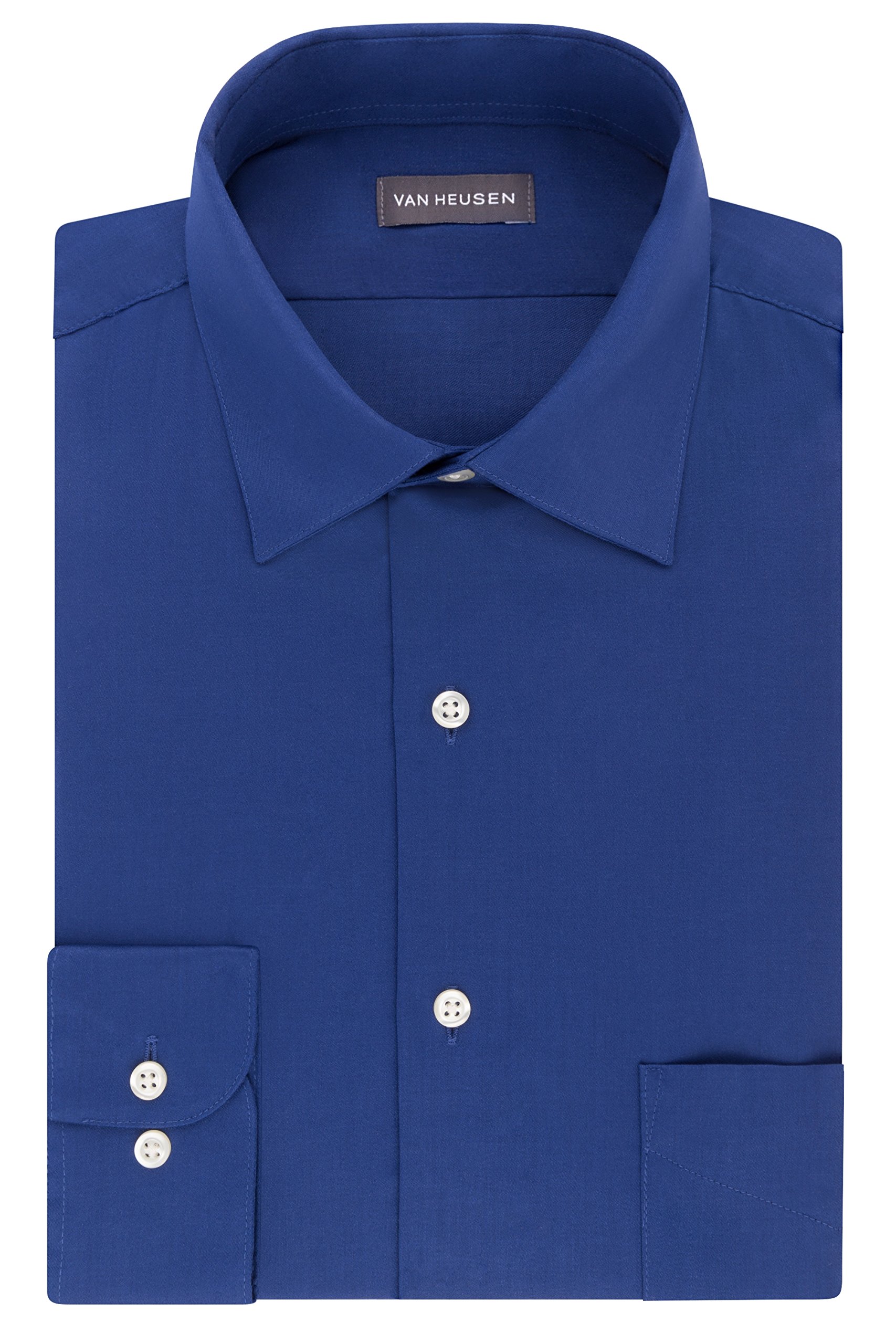 Van HeusenMen's Dress Shirts Regular Fit Lux Sateen Stretch Solid, Blue Velvet, 16.5" Neck 34"-35" Sleeve