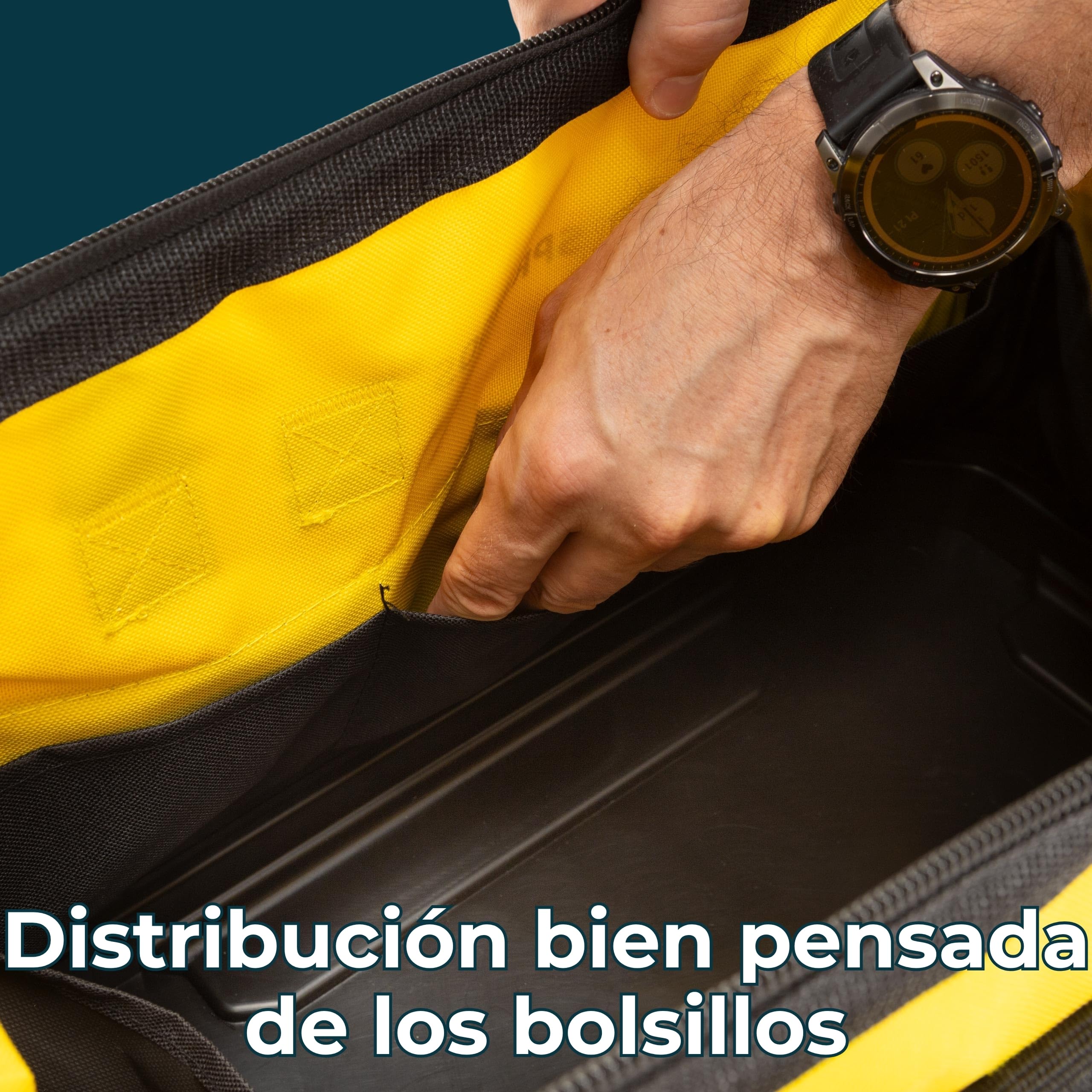 Bolsa de herramientas de 45 L 49 x 27 x 35 cm, gran bolsa de trabajo con muchos bolsillos interiores y exteriores, correa para el hombro, cremallera bidireccional y base de polietileno resistente para