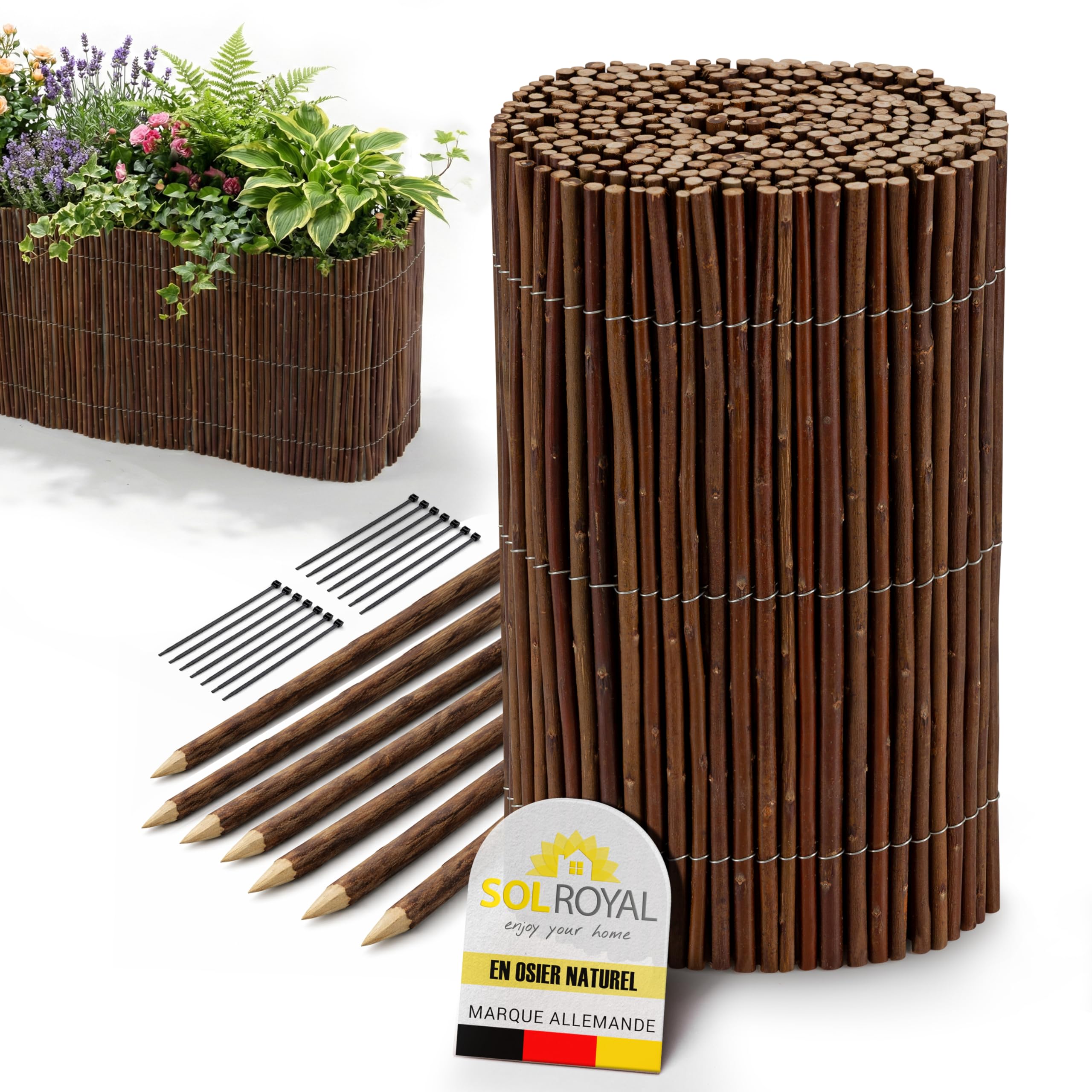 Sol Royal Bordure Jardin Exterieur 30x300 cm – Palissade Cloture Bordure Jardin Exterieur Bois Flexible avec 7 Piquets & 14 Serre-câbles – WB79