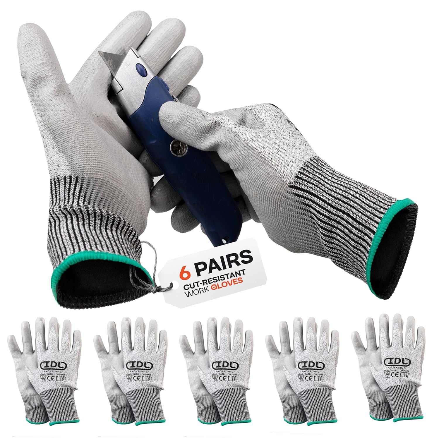 Grey Cut Resistant Gloves ANSI A2, L-Size, 6 Pairs - Heavy-Duty HPPE Coated Work Gloves - Touchscreen & Non-Slip Mechanic Mitts for Woodworking, Glass Cutting, Construction by IDL Packaging