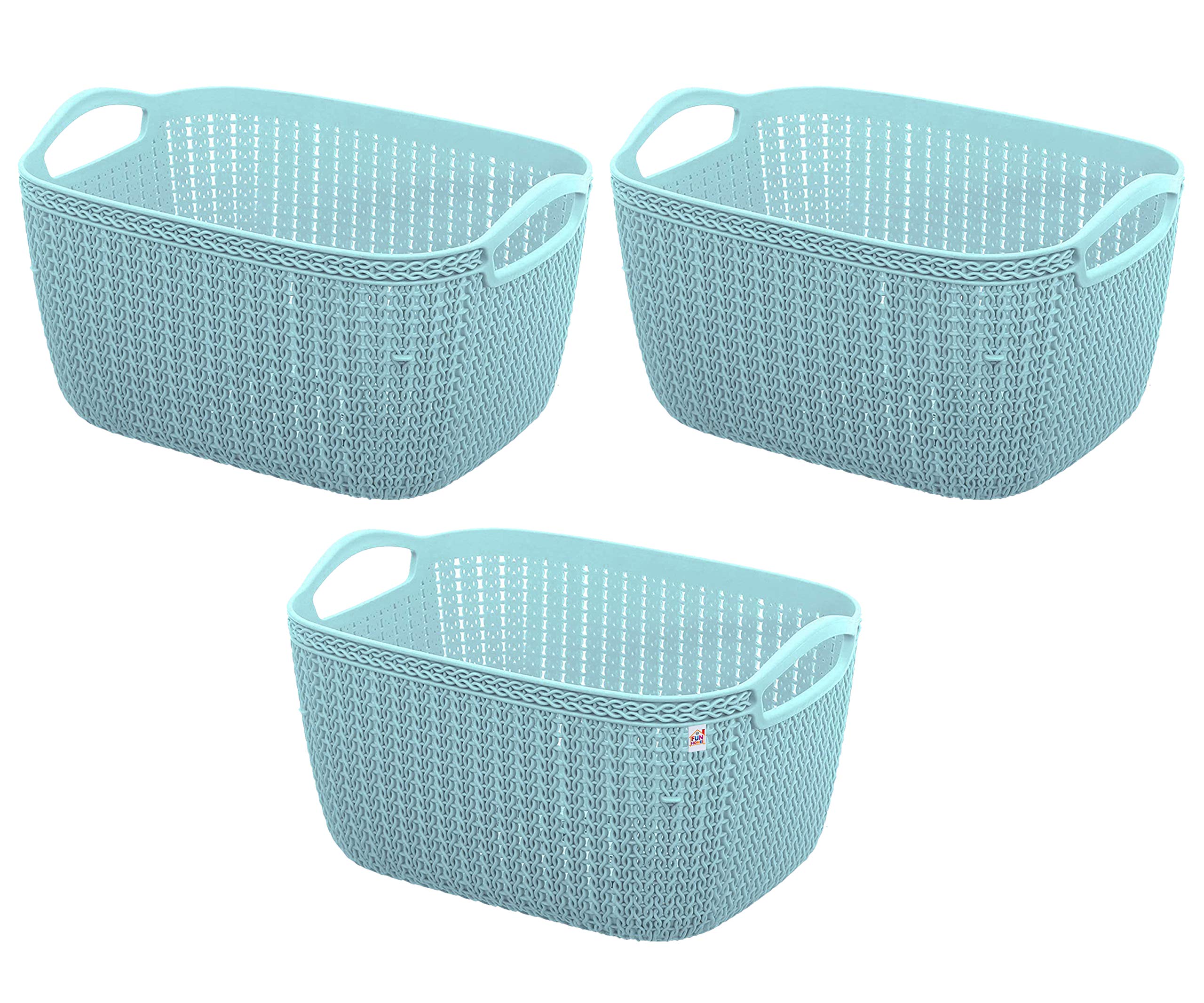 Fun HomesQ-6 Unbreakable Plastic 3 Pieces Multipurpose Large Size Flexible Storage Baskets/Fruit Vegetable Bathroom Stationary Home Basket with Handles (Light Blue)