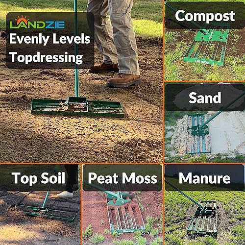 Miniatura 3 de LANDZIE Rastrillo de nivelación de césped  Nivelador de patio con mango de acero de 24 pulgadas, herramienta de nivel de césped para crear una