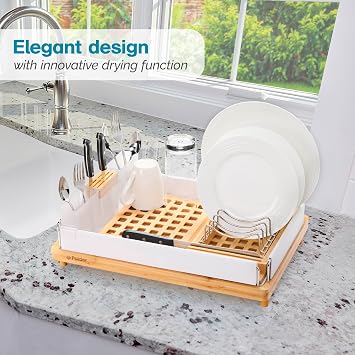 Polder Harmony Dish Rack, Sturdy Dish Drying Rack with 2 Open-Pattern Drain Trays, Dish Racks for Kitchen Counter, Drying Rack for Kitchen Storage, 19.6 x 13.5 x 6.2, White