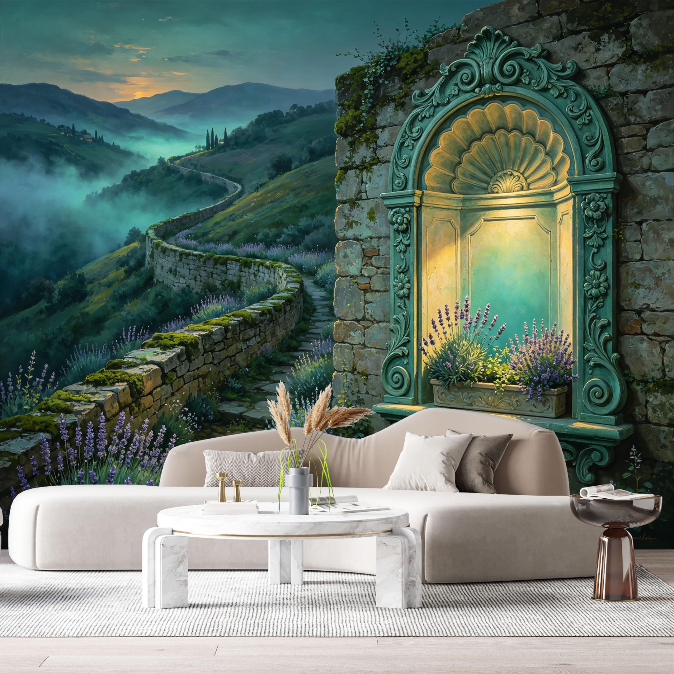Custom Size Wall Murals Tuscan Countryside Lavender Garden Vintage Stone Niche 3D Trompe L'Oeil SelfAdhesiveWall Fabric Removable Wallpaper Wall Decor for Living Room Bedroom Bathroom