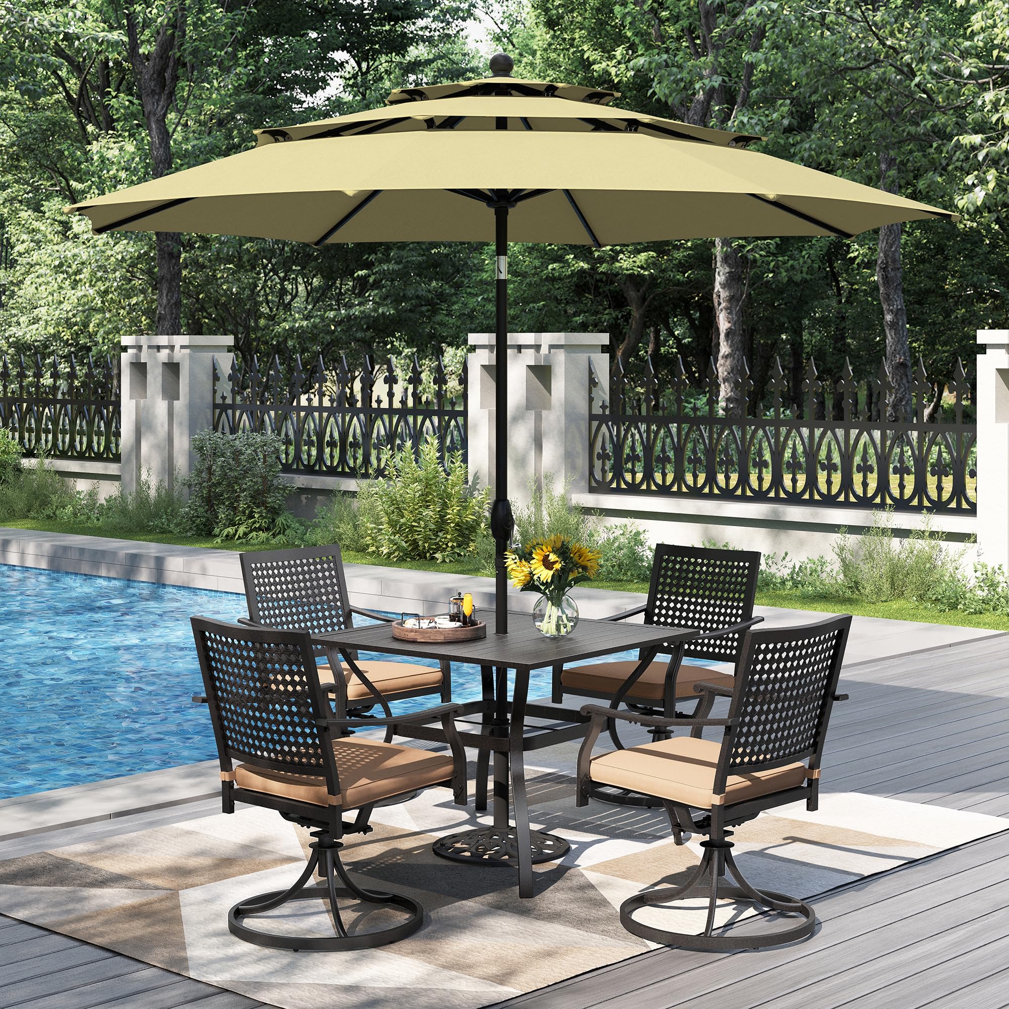PHI VILLA Outdoor Table Chairs for 4, Patio Metal Furniture w/ Umbrella