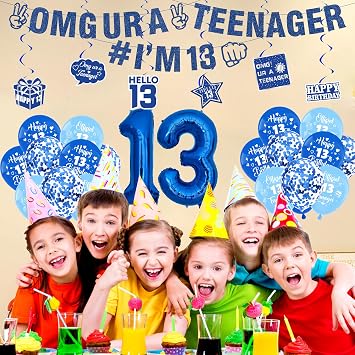 13th Birthday Decorations Balloons Boys - 27 Pcs Blue Glitter Omg Ur A Teenager Happy Birthday Banner Garland Number 13 Foil Balloons Hanging Swirls For 13 Year Old Official Teenager Party Supplies