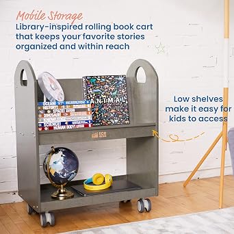 ECR4Kids Mobile Book Cart with Countdown Timer and Storage, Children's Furniture, Grey Wash