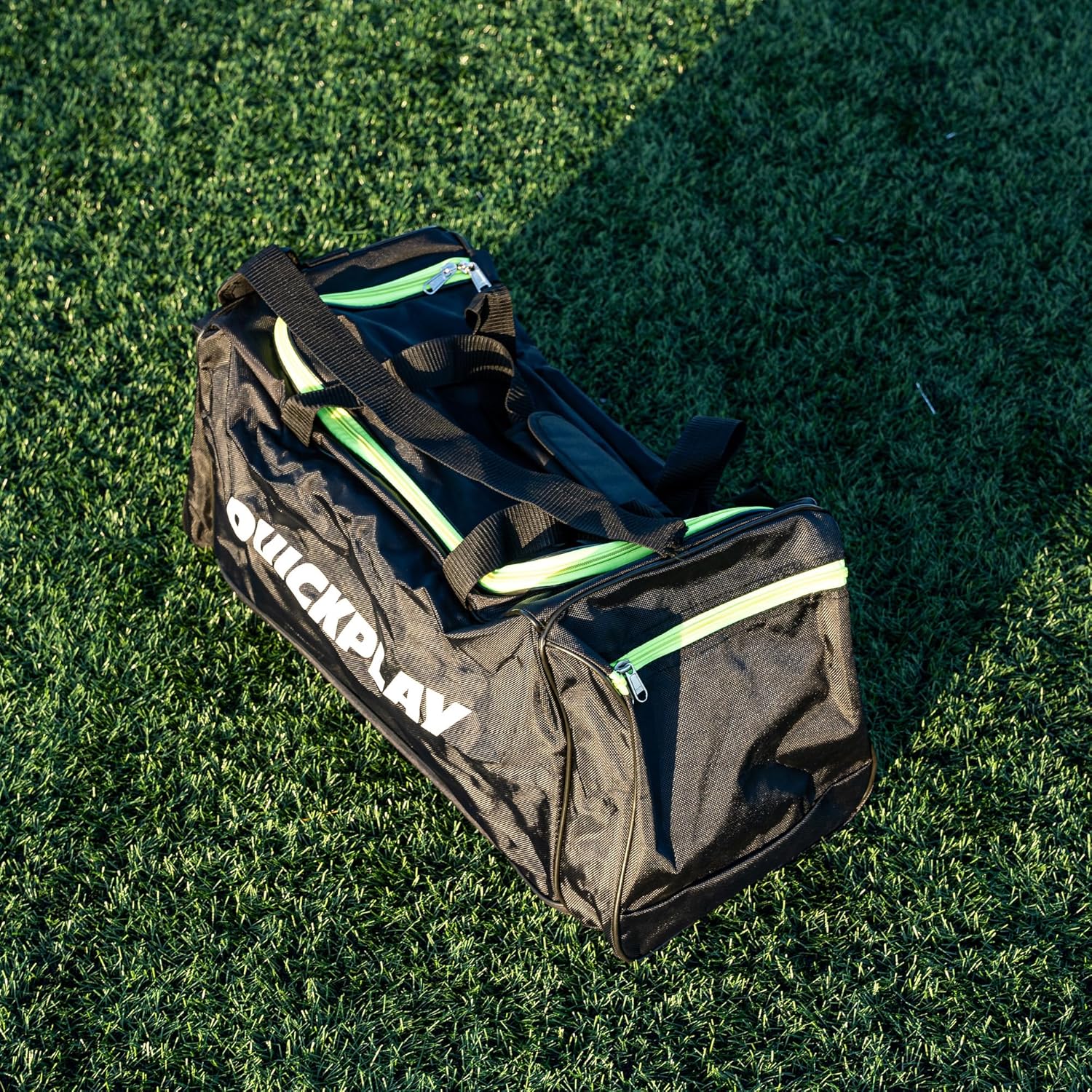 QUICKPLAY Soccer Kit Bag - Black Sports Bag with Green Zip Highlight | Durable for Sports Gear | Easy to Carry Shoulder Strap | Strong Reinforced Base | Weather Resistant Material