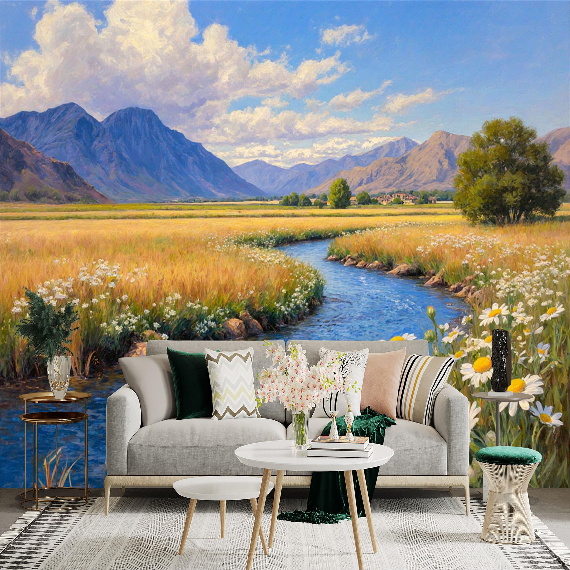 Custom Size Wall Sticker Mural， Scenic River Landscape， Flowing Blue Stream， Vibrant Meadow with Flowers， Majestic Mountains， for wall Decoration， peelandstick wall Decals.